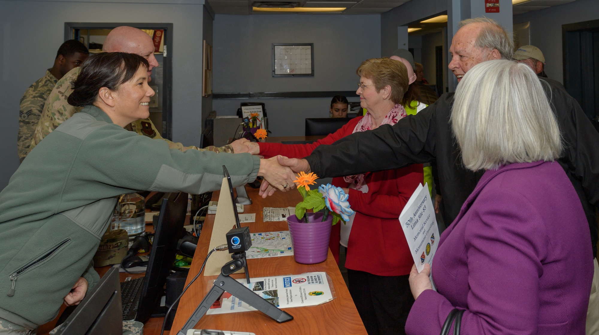 U.S. Air Force Col. Debra Lovette, 81st Training Wing commander, and Chief Master Sgt. David A. Pizzuto, 81st TRW command chief, greets Gold Star family member Ann Hamilton, sister of Staff Sgt. James W. Davis and her husband Roy at the visitors center at Keesler Air Force Base, Mississippi, January 24, 2019. Davis was killed in 1968 while conducting military operations in Vietnam . (U.S. Air Force photo by Andre' Askew)