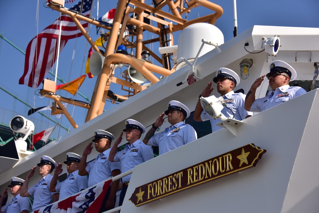 The crew of Coast Guard Cutter Forrest Rednour mans the rail during the cutter’s commissioning ceremony, Nov. 8, 2018, in San Pedro, California.