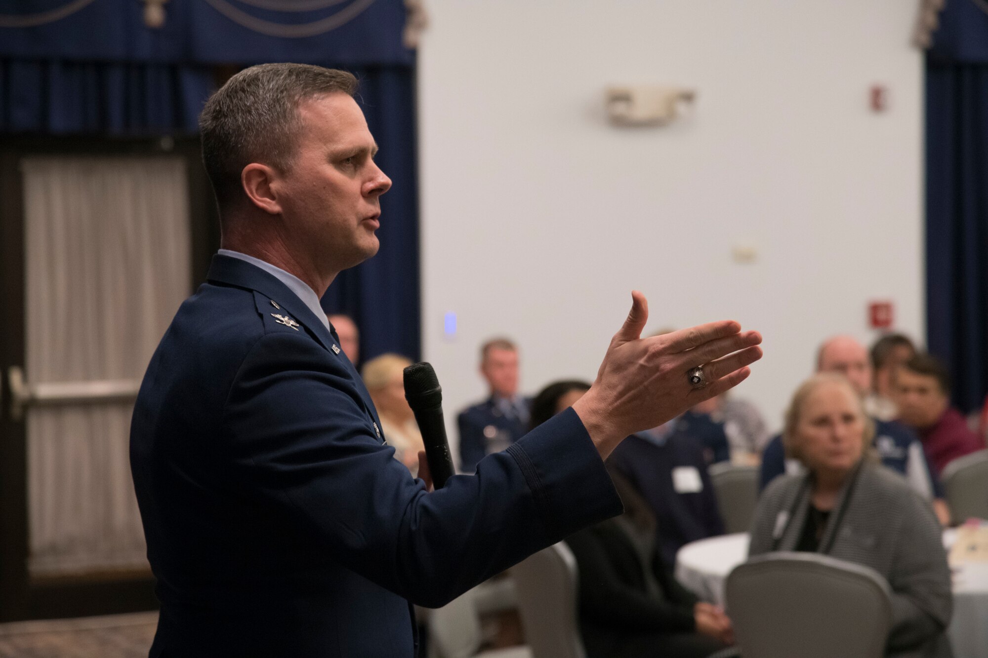 Col. Joel Safranek, 436th Airlift Wing commander, speaks to an audience of civil and military leaders during the Military Affaire event Jan. 23, 2019, at Dover Air Force Base, Delaware. The event is a social event, in which military and civil leaders come together to build partnerships for future initiatives. (U.S. Air Force photo by Airman 1st Class Jonathan W. Harding)