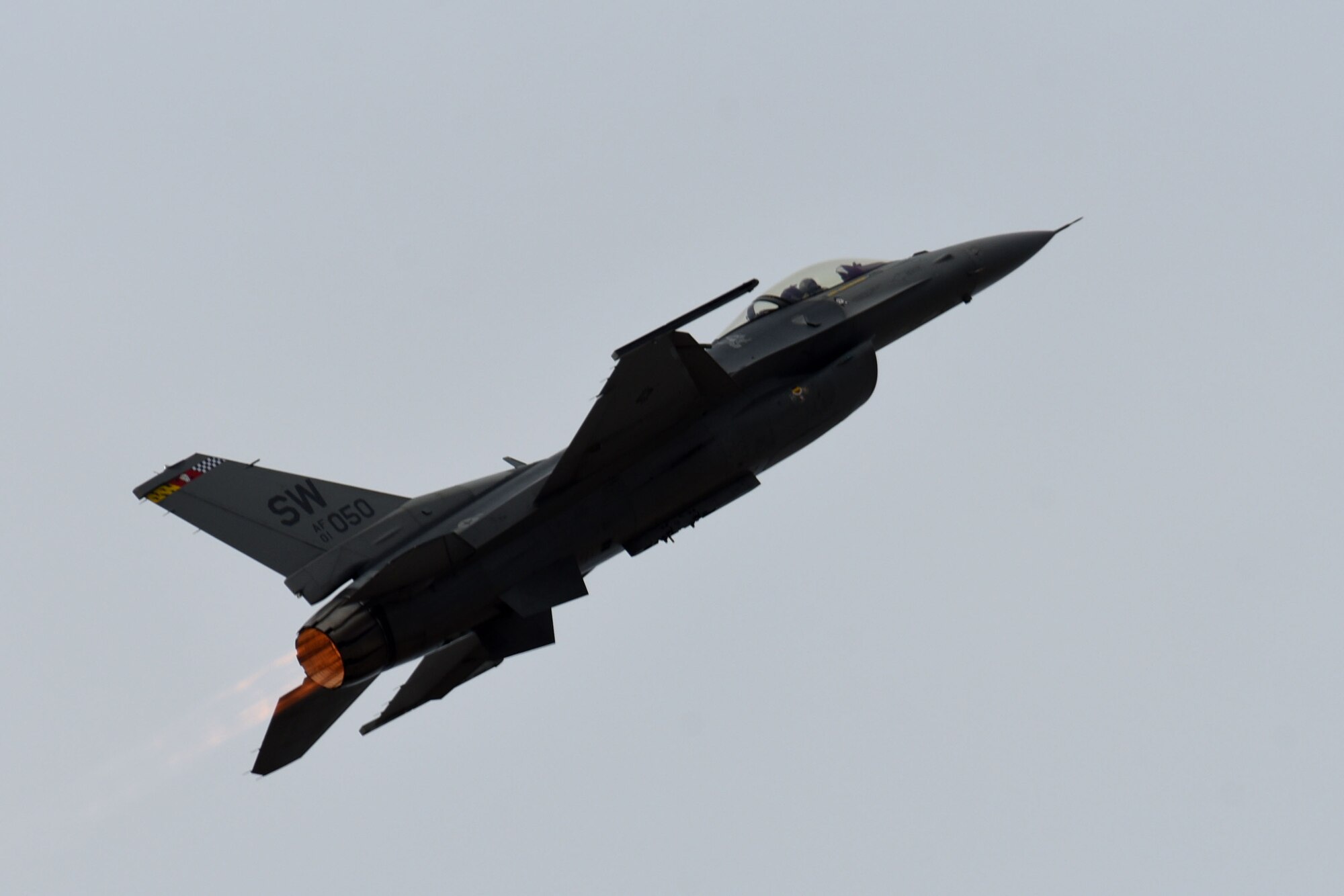 U.S. Air Force Capt. Zoe “SiS” Kotnik, F-16 Viper Demonstration Team commander and pilot, performs a precision aerial demonstration over the flight line at Joint Base Langley-Eustice, Va., Jan. 28, 2019