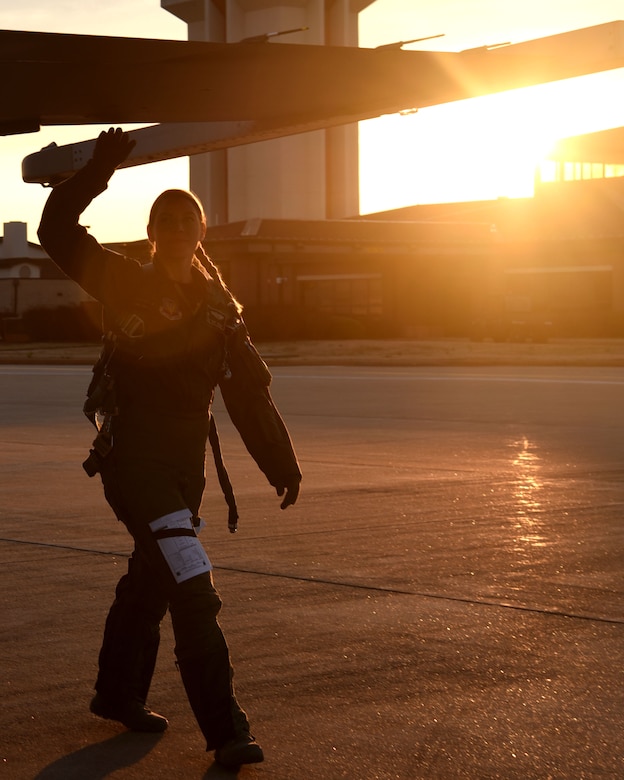 U.S. Air Force Capt. Zoe “SiS” Kotnik, F-16 Viper Demonstration Team (VDT) commander and pilot, performs preflight checks before performing an aerial demonstration at Joint Base Langley-Eustice, Va., Jan. 29, 2019