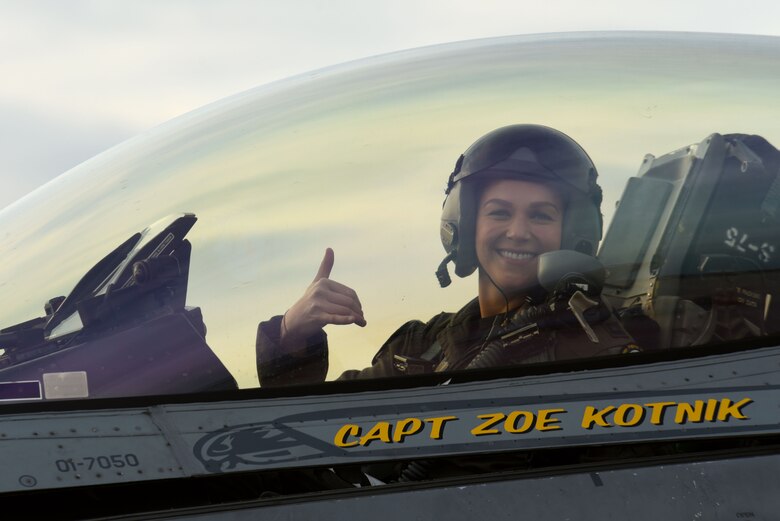 U.S. Air Force Capt. Zoe “SiS” Kotnik, F-16 Viper Demonstration Team (VDT) commander and pilot, smiles after a certification flight at Joint Base Langley-Eustice, Va., Jan. 29, 2019.
