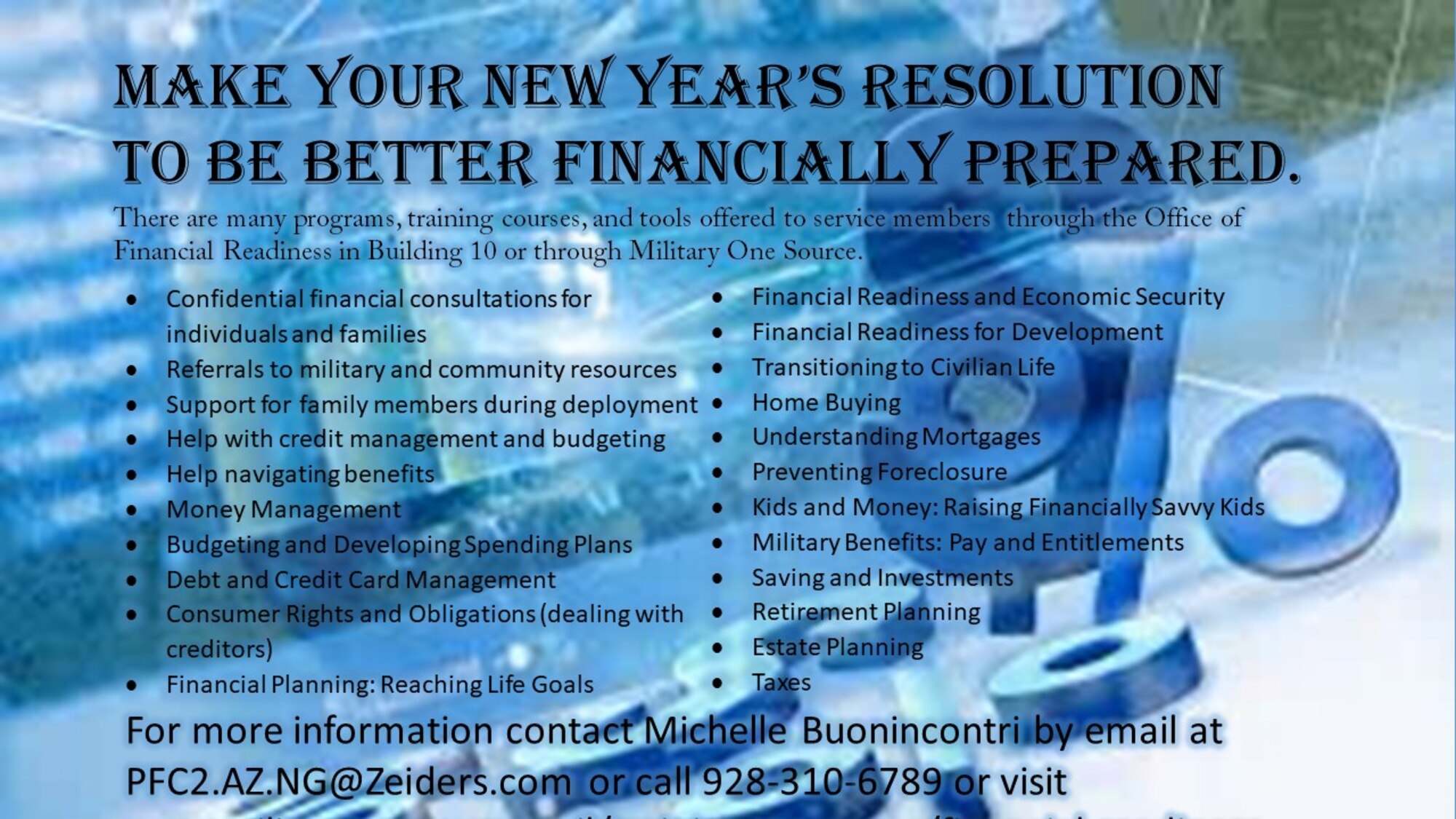 The New Year is here and it’s time to make good on those New Year’s resolutions. Airmen that haven’t recently reviewed their financial planning or budget, this is the perfect time to take some simple steps to insure they are financially set for 2019. (U.S. Air National Guard Infographic by Staff Sgt. Dillion Davis)