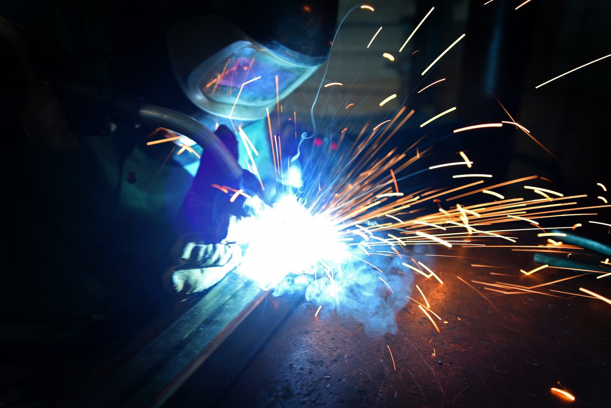 U.S. Air Force Airman 1st Class Peter Lockett, 20th Equipment Maintenance Squadron aircraft metals technology journeyman, welds a metal rod at Shaw Air Force Base, S.C., Jan 28, 2019.