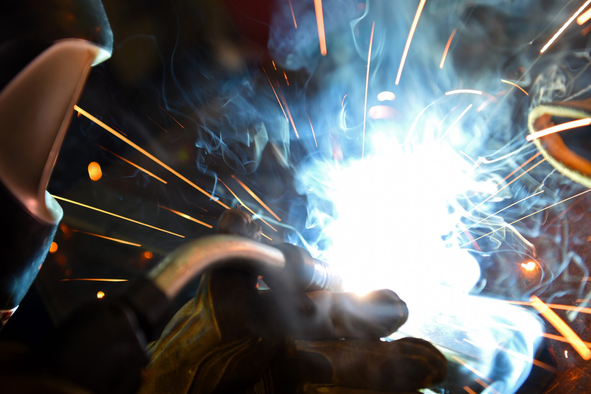 U.S. Air Force Airman 1st Class Peter Lockett, 20th Equipment Maintenance Squadron aircraft metals technology journeyman, welds a metal rod for a project at Shaw Air Force Base, S.C., Jan 28, 2019.