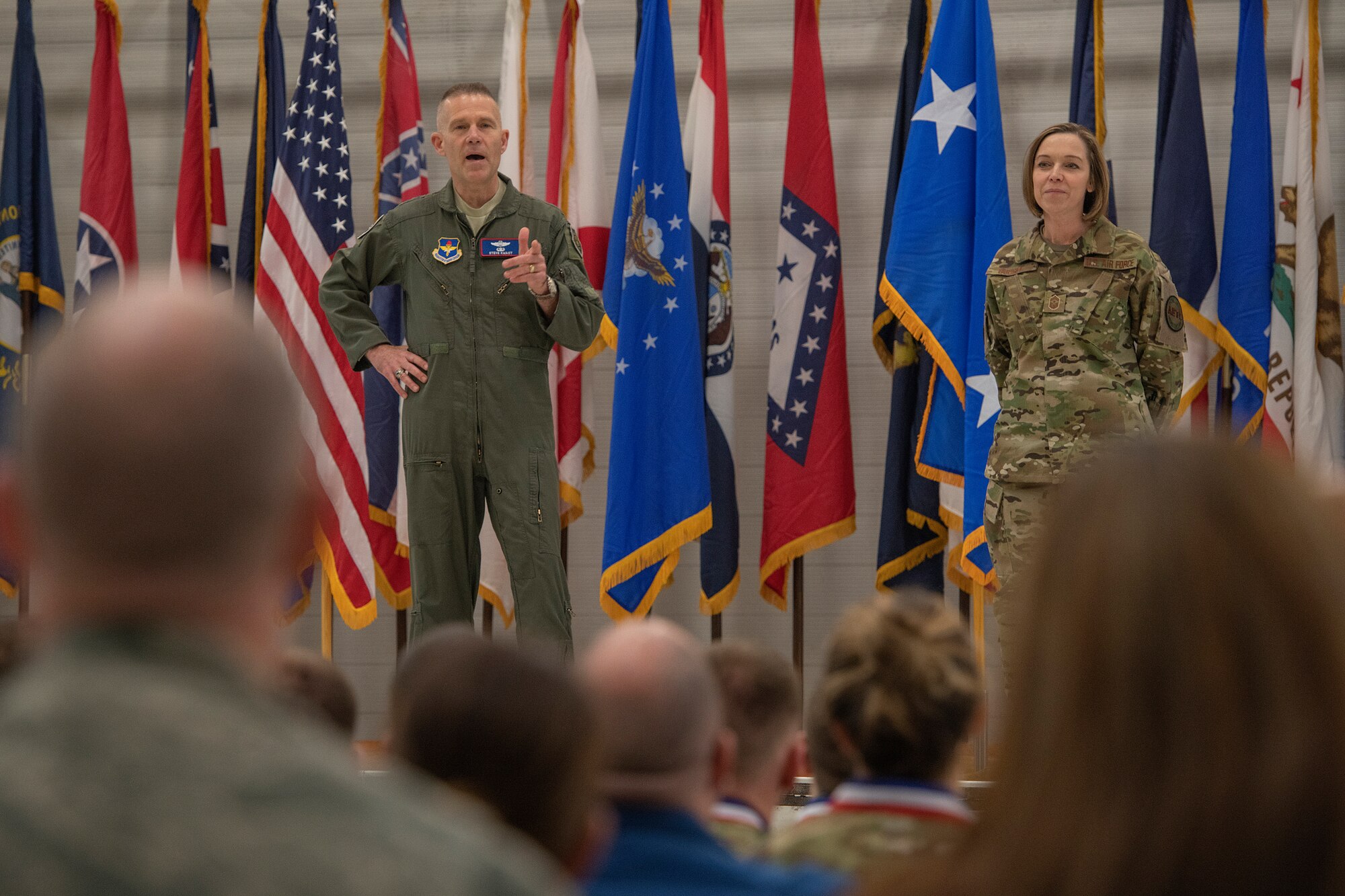 U.S. Air Force Lt. Gen. Steven Kwast, Air Education and Training Command commander, and Chief Master Sgt. Juliet Gudgel, AETC command chief, address the audience during the 2018 Annual Awards Ceremony Jan. 25, 2019, at Eglin Air Force Base, Fla. Kwast and Gudgel thanked the nominees for their hard work and encouraged them to continue developing themselves as professionals and effective team members. (U.S. Air Force photo by Staff Sgt. Peter Thompson)
