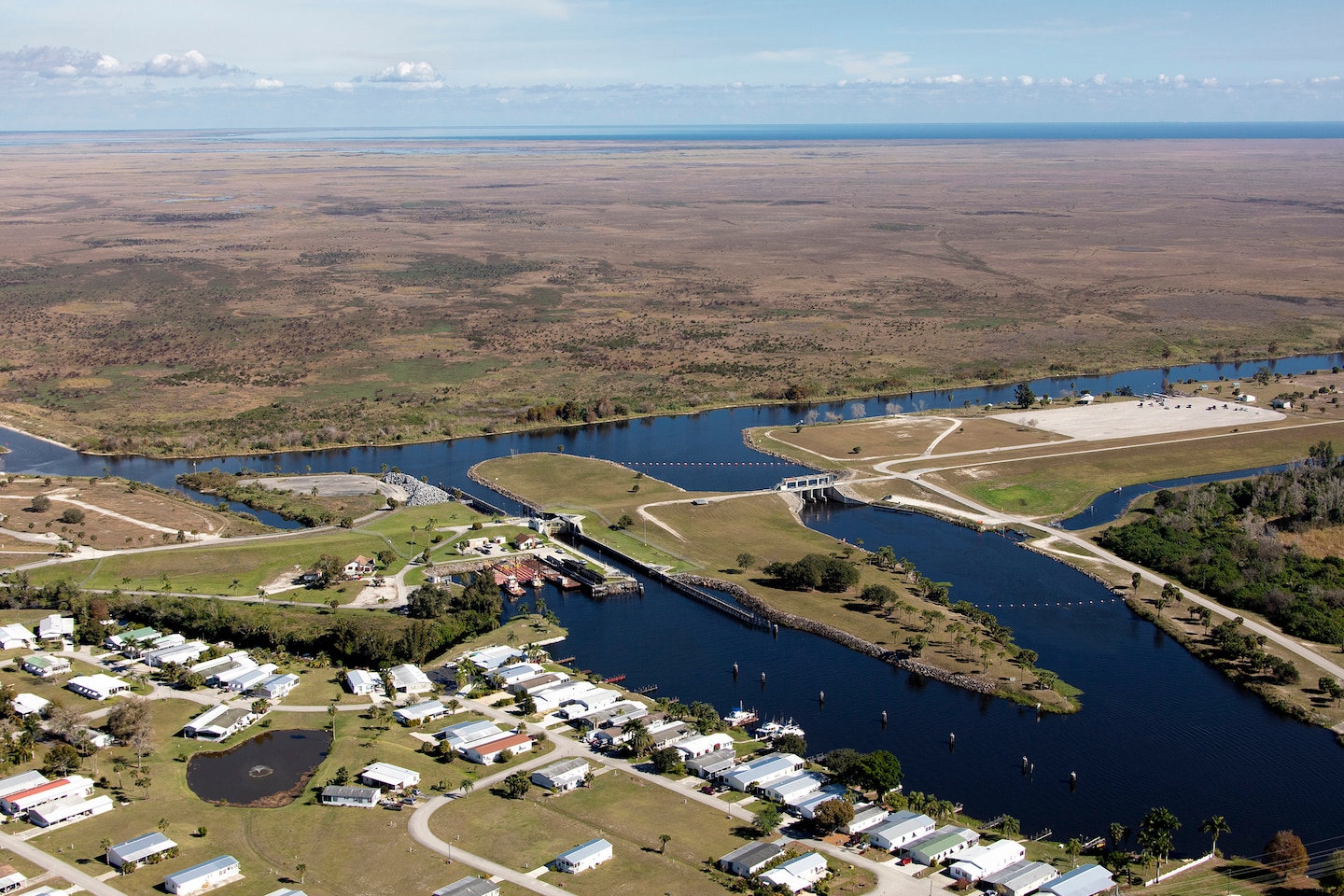 Aerial view of Moore Haven Lock and Dam on west side of Lake Okeechobee Florida