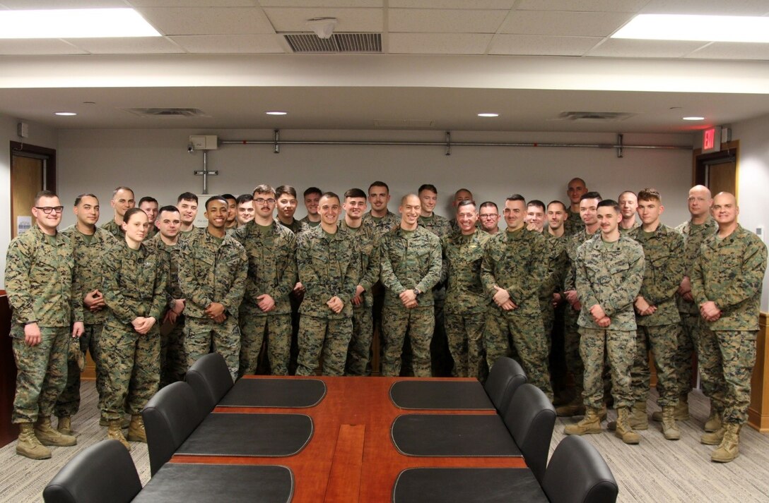 Sgt. Maj. Anthony Spadaro, U.S. INDOPACOM  senior enlisted leader, conducts a town hall with the Marines of U.S. Marine Corps Forces Korea.  Spadaro also held a luncheon with MARFORK's staff non-commissioned officers, conducted physical training with the enlisted Marines, and visited training units around the peninsula.