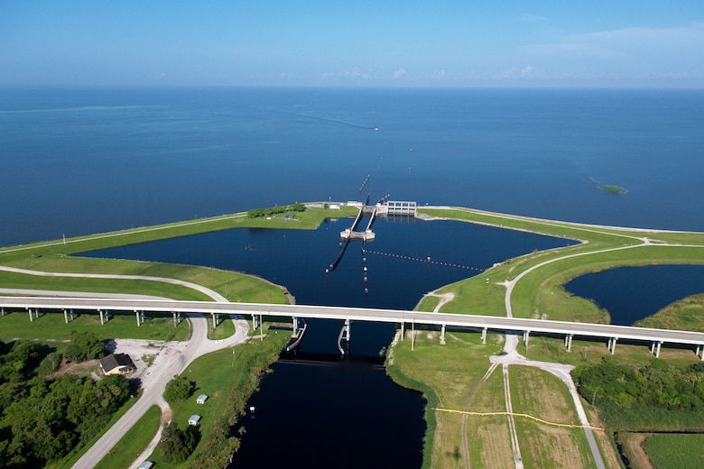 Aerial of Port Mayaca Lock and Dam on the east side of Lake Okeechobee Florida