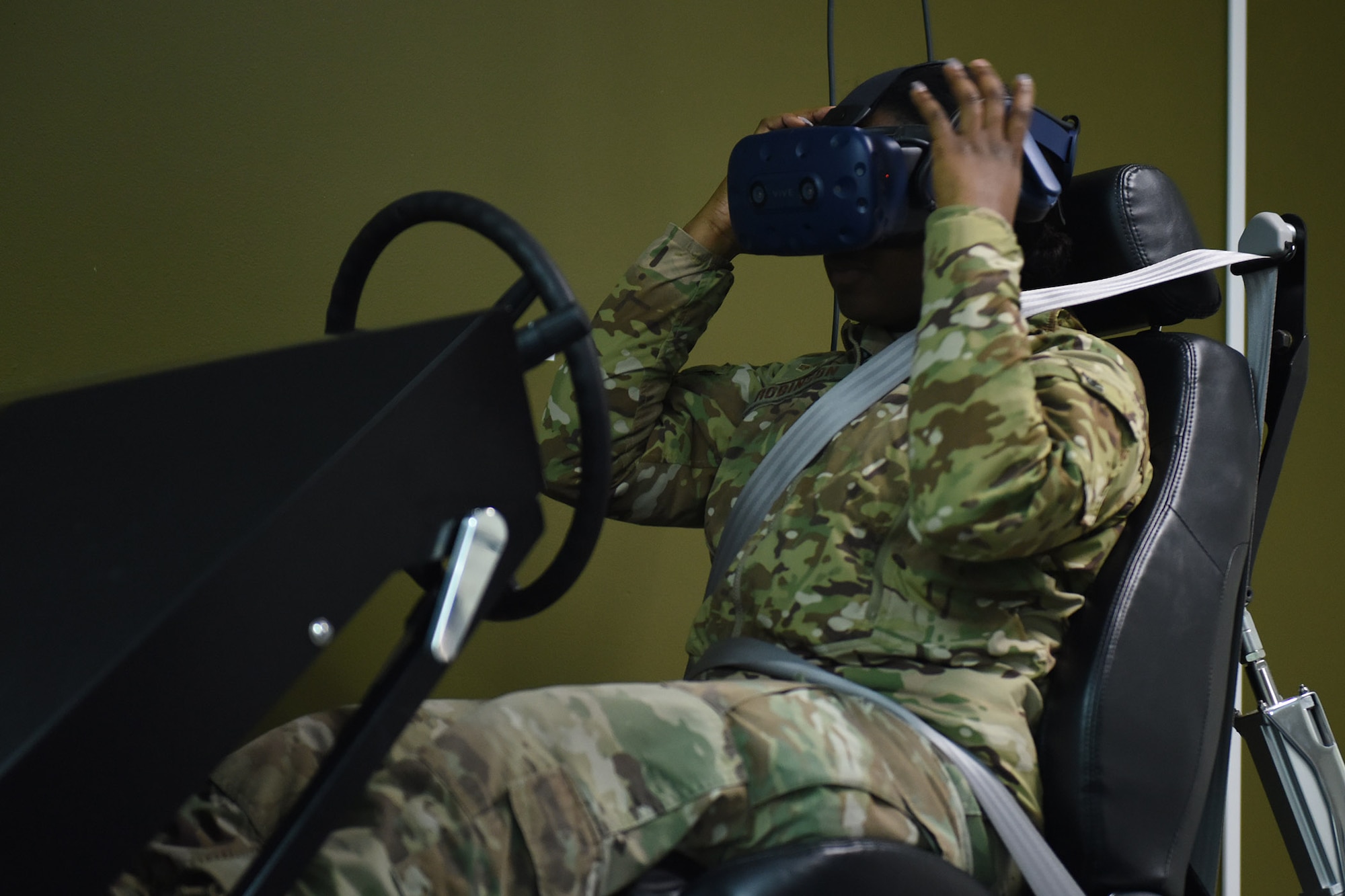 Senior Airman Ebony Robinson, 841st Missile Security Forces Squadron missile security operator, uses a vehicle simulator Jan. 28, 2019, 2019, at Malmstrom Air Force Base, Mont.