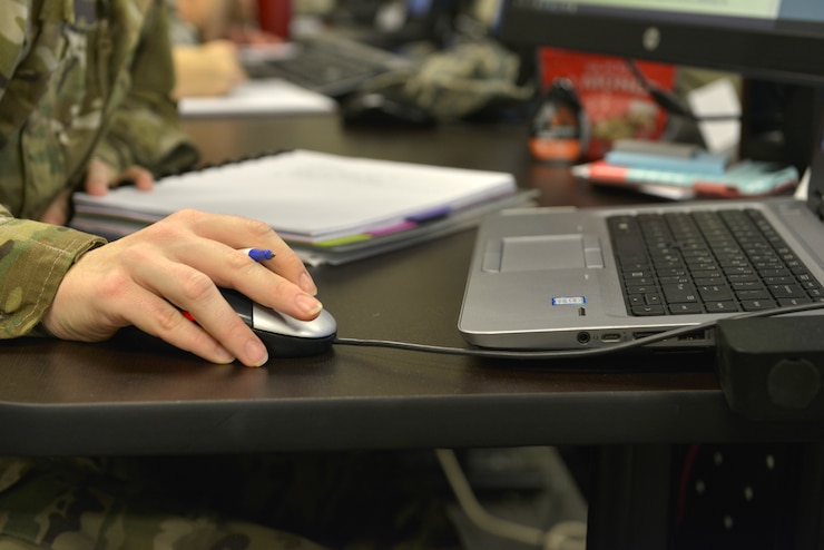 U.S. Air Force Tech. Sgt. Meredith Greer, 335th Training Squadron manpower apprentice course student, conducts research for a group project at Keesler Air Force Base, Mississippi, Jan. 23, 2019. Group projects are given daily to increase team effort in the classroom. (U.S. Air Force photo by Airman 1st Class Kimberly L. Mueller)