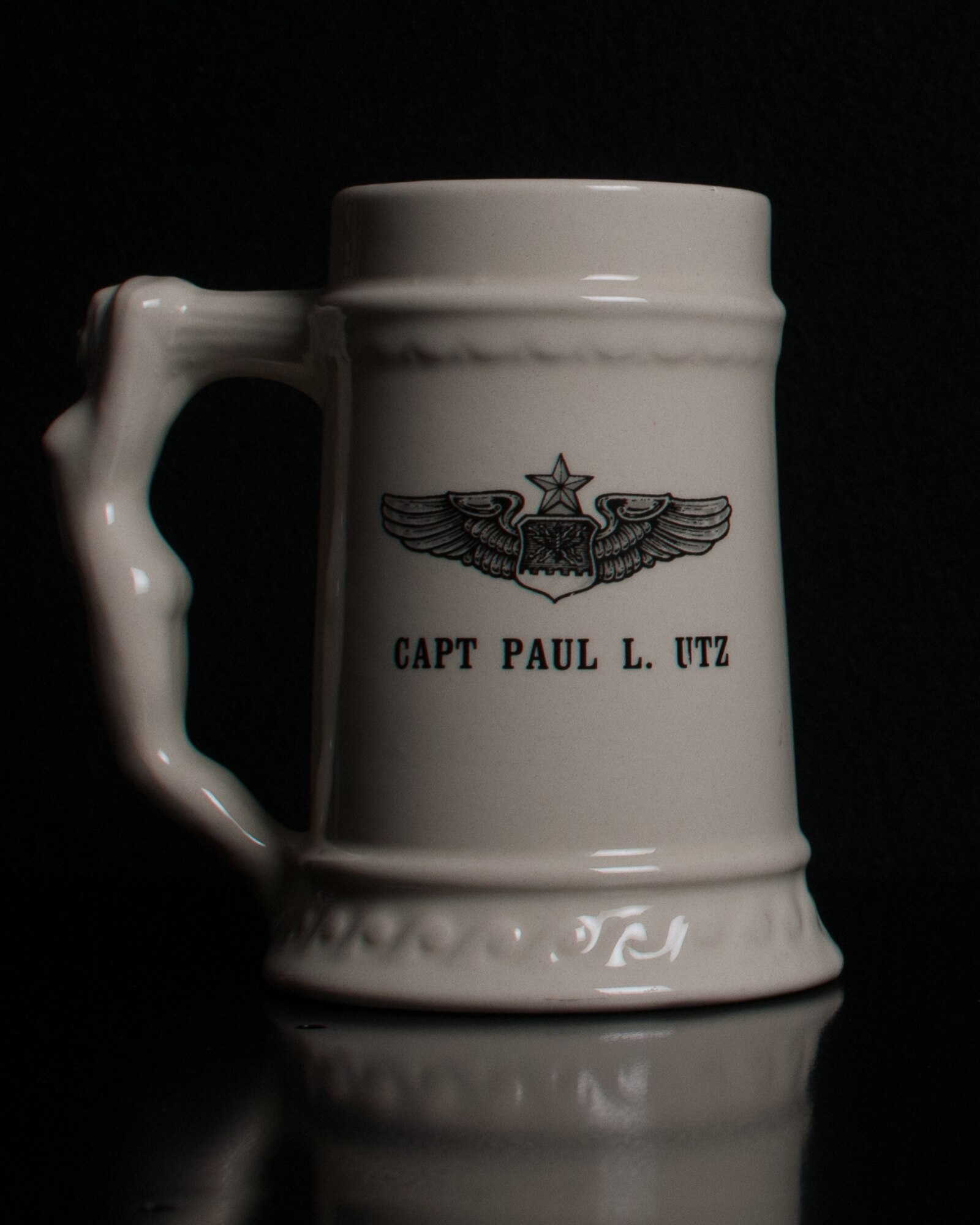 A ceramic stein belonging to Capt. Paul L. Utz, F-101B Voodoo navigator and radar officer assigned to the 60th Fighter Interceptor Squadron, Otis Air Force Base, Mass. who was killed when his aircraft crashed on March 21, 1968. The stein was discovered five decades after his death during a building renovation and returned to his family.