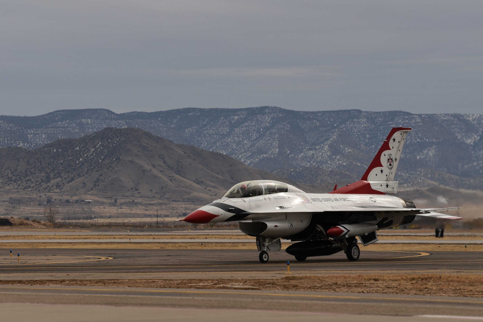 U.S. Air Force Thunderbird No. 8 taxis after landing at Kirtland Air Force Base, N.M., Jan. 29, 2019. The Thunderbirds began in 1953, and first flew the F-84G Thunderjet. (U.S. Air Force photo by Senior Airman Eli Chevalier)