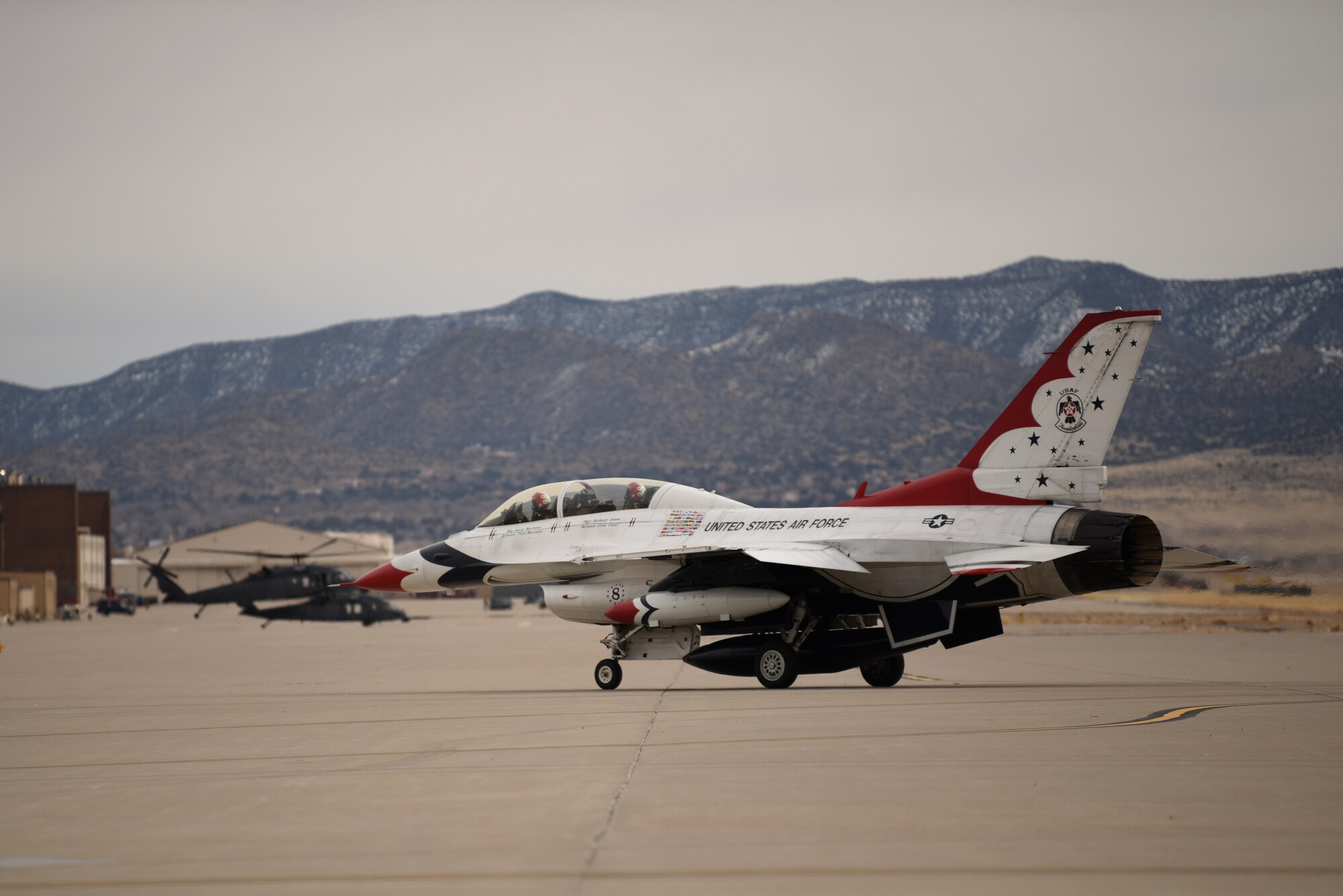 U.S. Air Force Thunderbird No. 8 taxis after landing at Kirtland Air Force Base, N.M., Jan. 29, 2019. The Thunderbird visited Kirtland to perform a site survey for a show scheduled to place at the Kirtland Air and Space Fiesta this summer. (U.S. Air Force photo by Senior Airman Eli Chevalier)