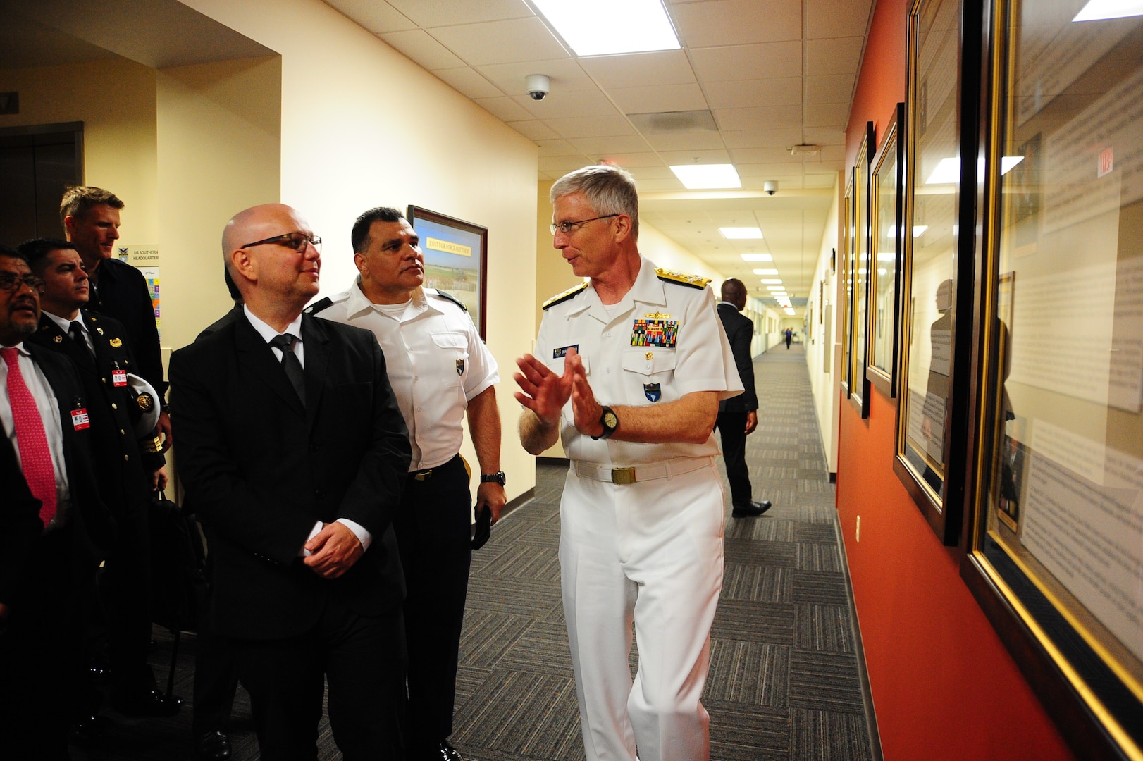 The commander of U.S. Southern Command, Navy Adm. Craig Faller, talks with Costa Rica's Minister of Public Security Michael Soto Rojas at SOUTHCOM headquarters.