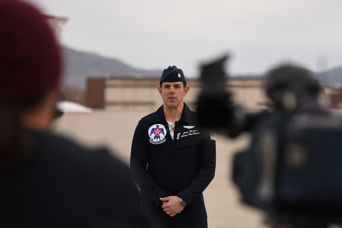 U.S. Air Force Maj. Jason Markzon, Thunderbird advance pilot and narrator, speaks to media at Kirtland Air Force Base, N.M., Jan. 29, 2019. The Thunderbirds are the Air Force’s aerial demonstration team, and perform throughout the year at different locations. (U.S. Air Force photo by Senior Airman Eli Chevalier)