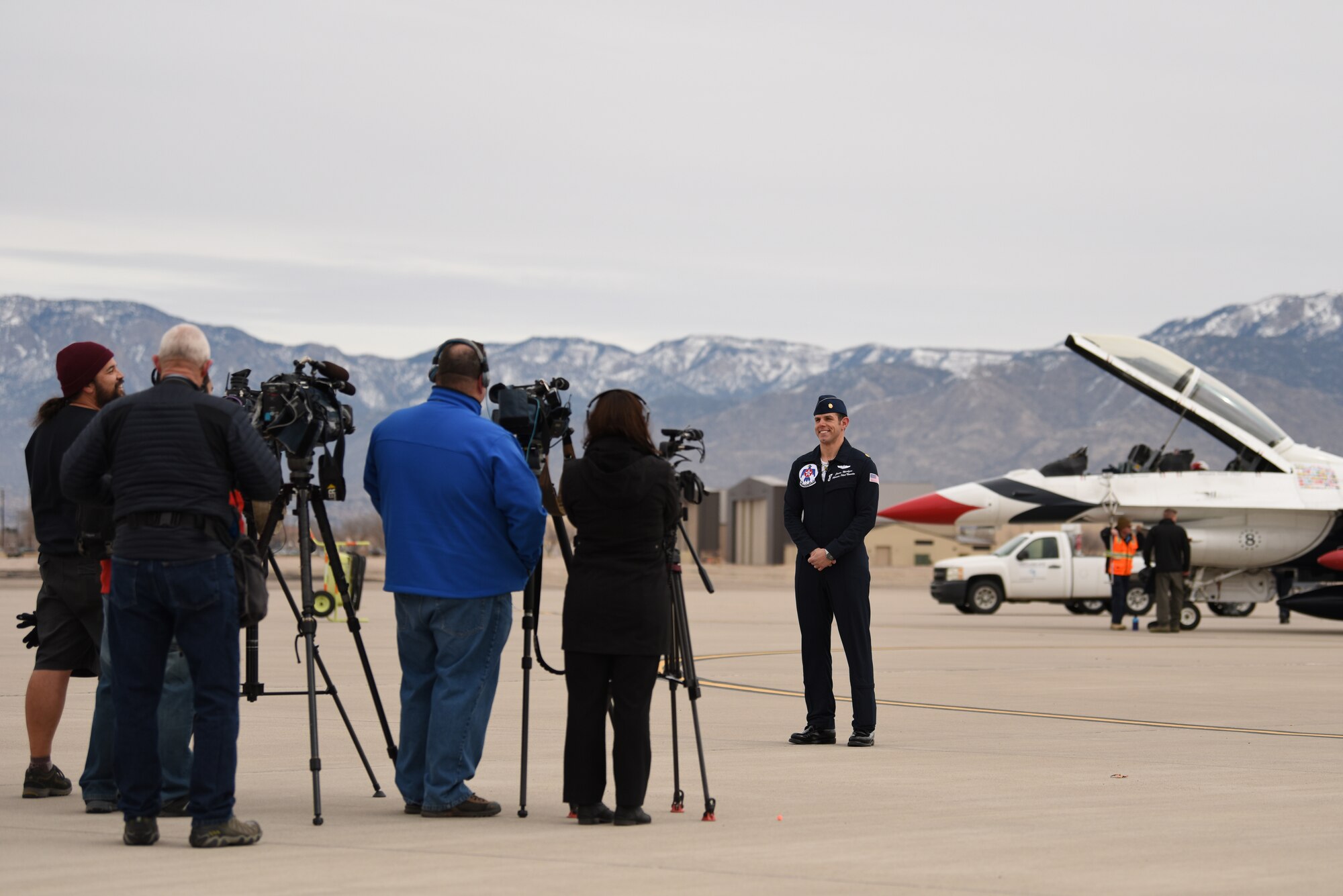 U.S. Air Force Maj. Jason Markzon, Thunderbird advance pilot and narrator, speaks to media at Kirtland Air Force Base, N.M., Jan. 29, 2019. The Thunderbirds are scheduled to perform at the Kirtland Air and Space Fiesta this summer. (U.S. Air Force photo by Senior Airman Eli Chevalier)