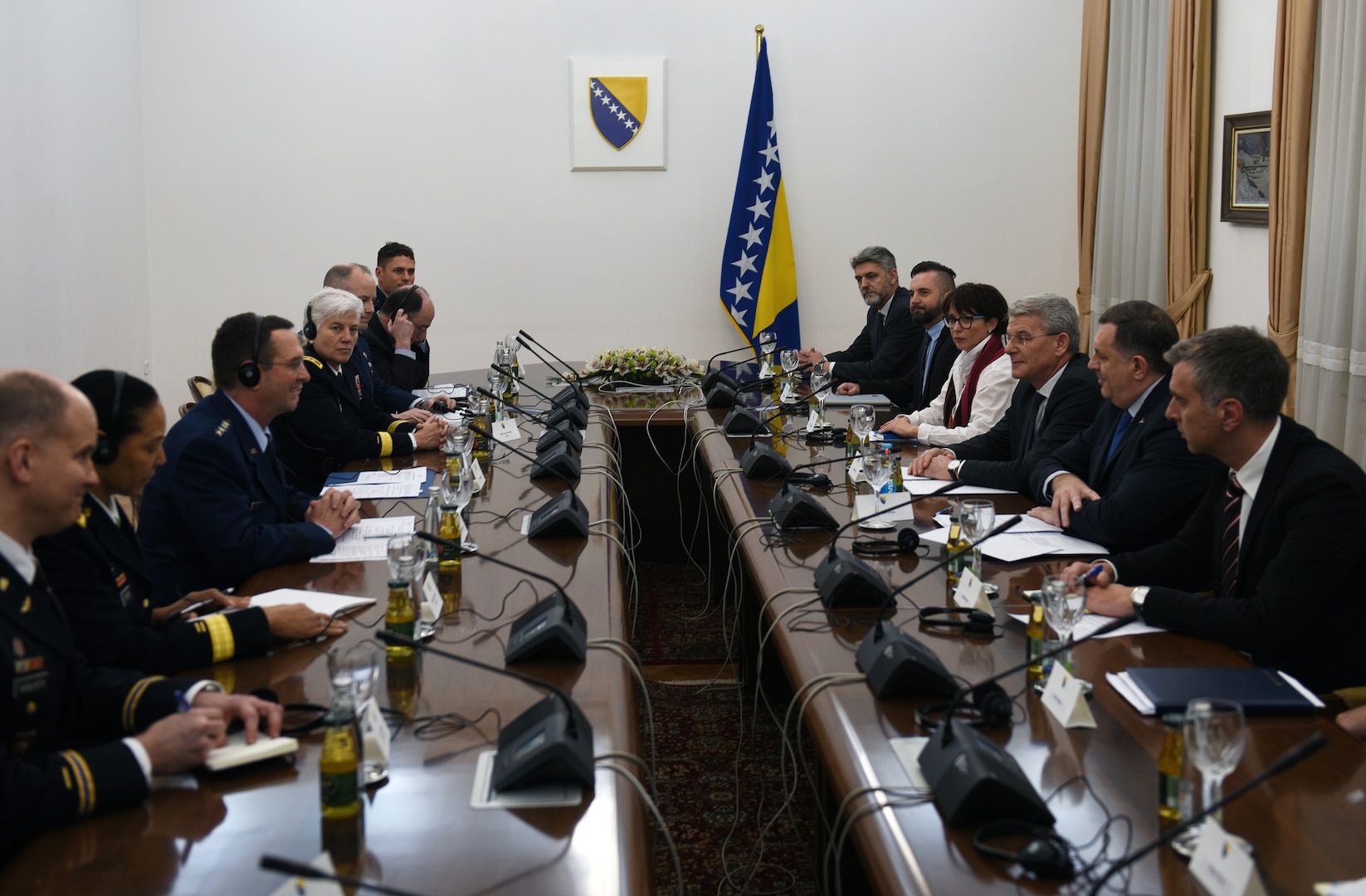 Air Force Gen. Joseph Lengyel, chief, National Guard Bureau, third from left, meets with the three-member presidency of Bosnia and Herzegovina during a visit to the Western Balkan country, the Presidency Building, Sarajevo, Bosnia and Herzegovina, Jan. 23, 2019. The country is paired with the Maryland National Guard in the State Partnership Program.