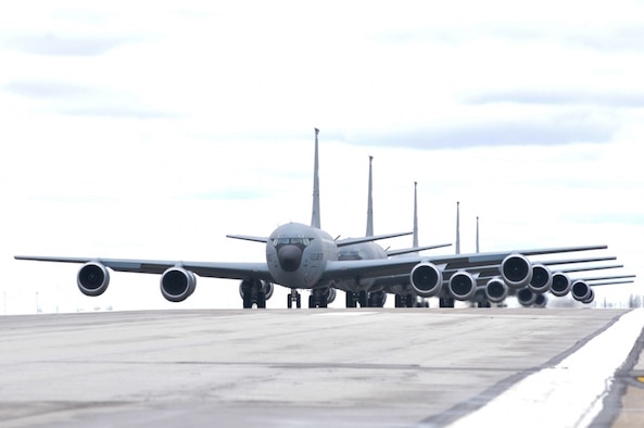 U.S. Air Force KC-135 Stratotankers with the 121st Air Refueling Wing, Ohio Air National Guard taxi down the runway before taking flight. Each jet took off to support different missions, ensuring our motto of all things at all times.