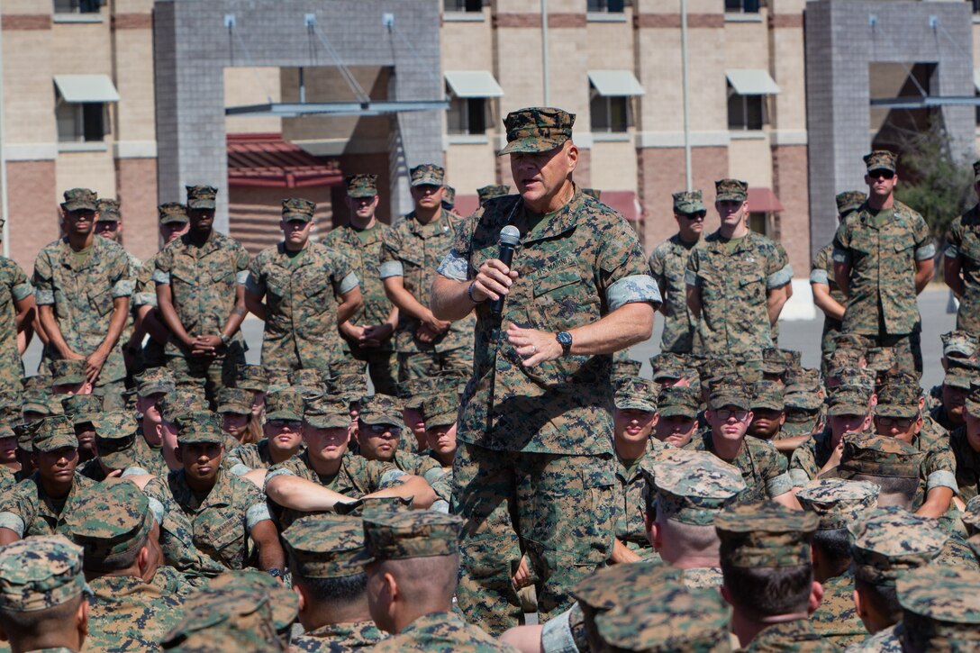 U.S. Marine Corps Gen. Robert B. Neller, commandant of the Marine Corps, speaks to the Marines of I Marine Expeditionary Force Support Battalion, I Marine Expeditionary Force at Marine Corps Base Camp Pendleton, California Sept. 13, 2018.