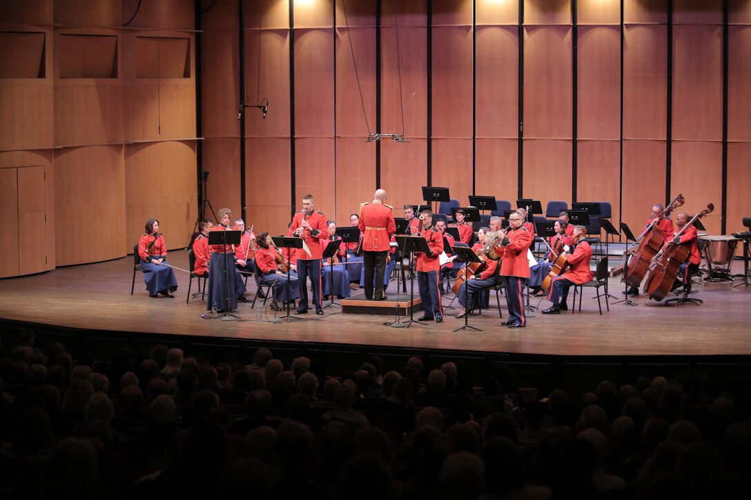 On Jan. 27, 2019 the Marine Chamber Orchestra performed Ludwig van Beethoven's First Symphony, Wolfgang Amadeus Mozart's Sinfonia Concertante for oboe, clarinet, horn, and bassoon, and Felix Mendelssohn's mysterious and captivating Hebrides Overture, also known as "Fingal's Cave." The free concert took place at the Rachel M. Schlesinger Concert Hall and Arts Center at Northern Virginia Community College's Alexandria campus. (U.S. Marine Corps photo by Master Sgt. Kristin duBois/released)