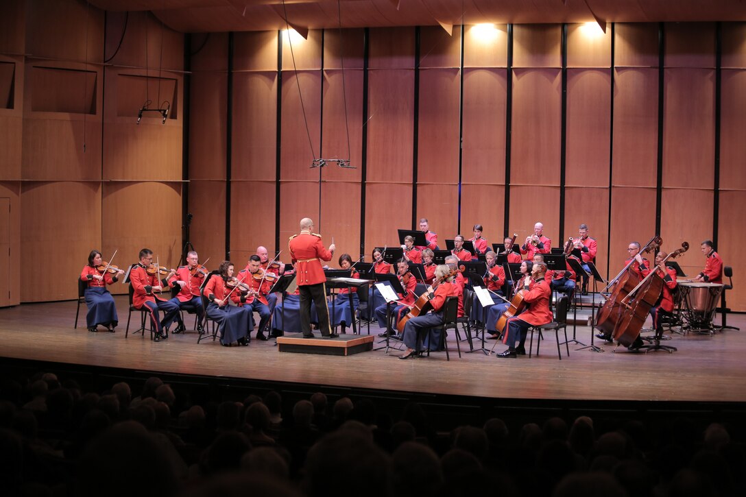 On Jan. 27, 2019 the Marine Chamber Orchestra performed Ludwig van Beethoven's First Symphony, Wolfgang Amadeus Mozart's Sinfonia Concertante for oboe, clarinet, horn, and bassoon, and Felix Mendelssohn's mysterious and captivating Hebrides Overture, also known as "Fingal's Cave." The free concert took place at the Rachel M. Schlesinger Concert Hall and Arts Center at Northern Virginia Community College's Alexandria campus. (U.S. Marine Corps photo by Master Sgt. Kristin duBois/released)