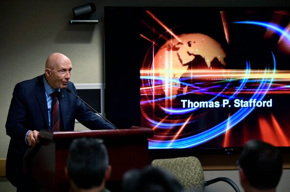 Lt. Gen. Thomas P. Stafford, retired NASA astronaut, speaks to an audience of Airmen, coalition partners and industry leaders at the Pentagon, Arlington, Va., Jan. 29, 2019. Stafford was the commander of Apollo 10, the second manned mission to orbit the Moon and the first to fly a Lunar Module in lunar orbit, descending to the altitude of nine miles. (U.S. Air Force photo by Wayne Clark)