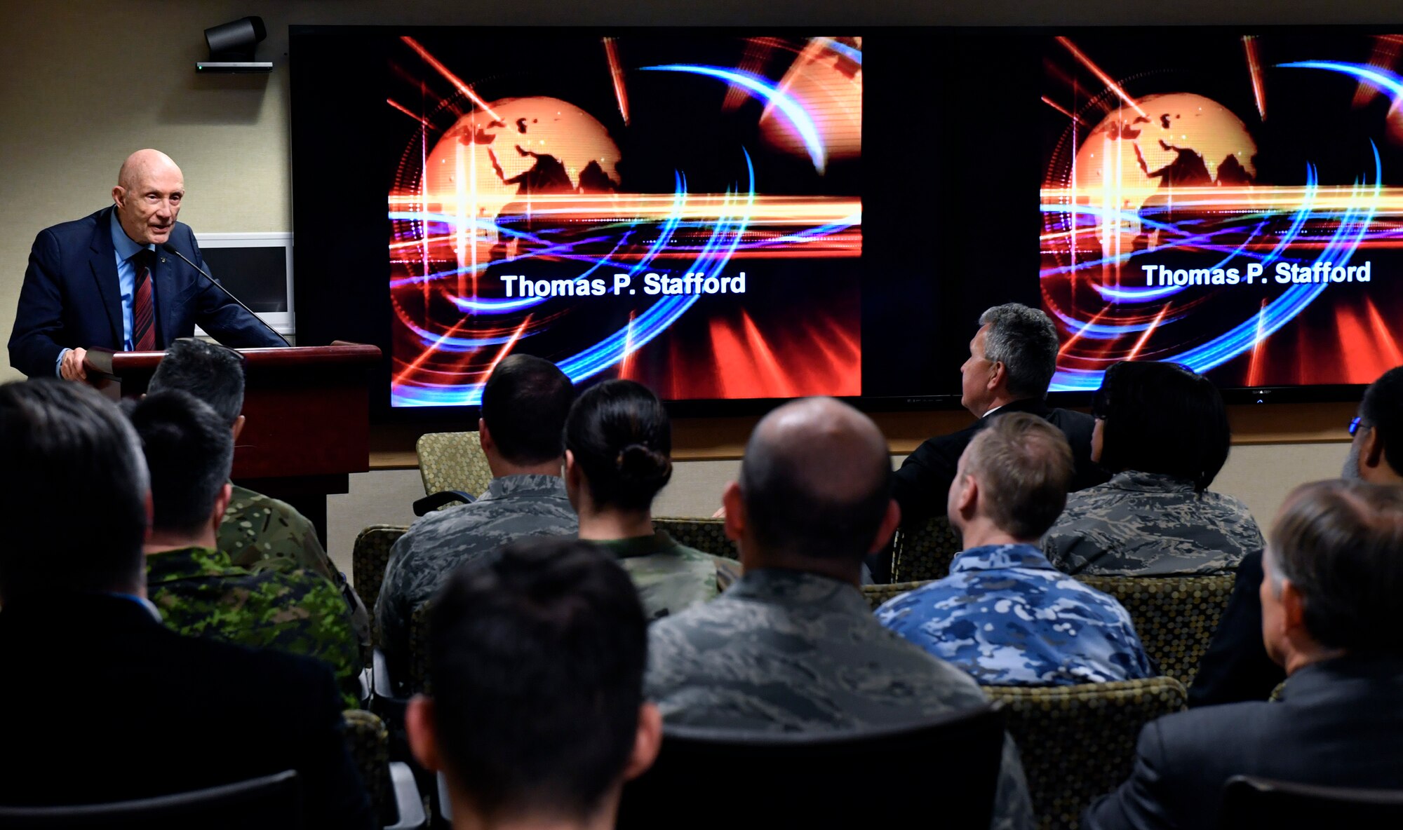 Lt. Gen. Thomas P. Stafford, retired NASA astronaut, speaks to an audience of Airmen, coalition partners and industry leaders at the Pentagon, Arlington, Va., Jan. 29, 2019. Stafford was the commander of Apollo 10, the second manned mission to orbit the Moon and the first to fly a Lunar Module in lunar orbit, descending to the altitude of nine miles. (U.S. Air Force photo by Wayne Clark)