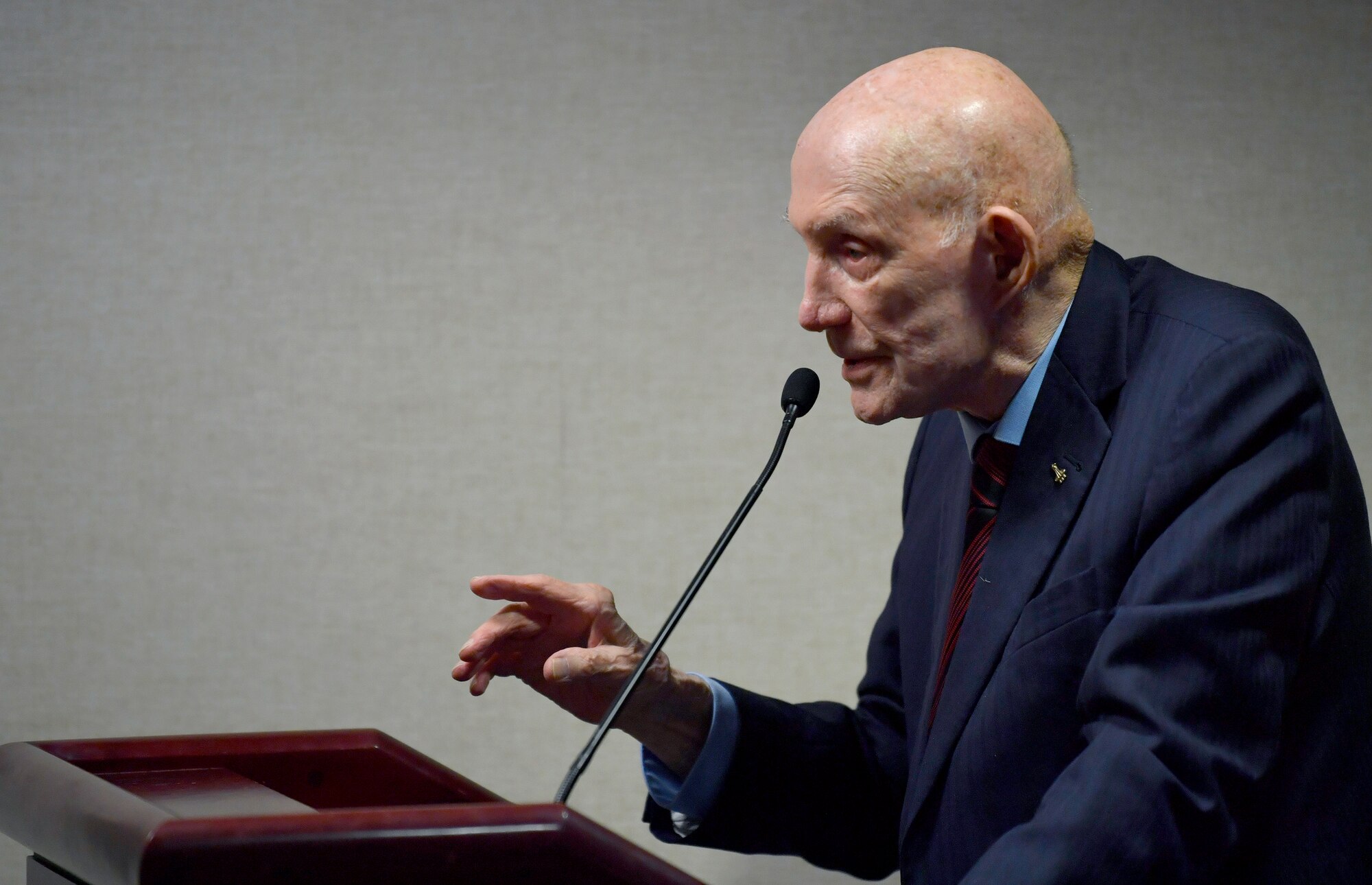 Lt. Gen. Thomas P. Stafford, retired NASA astronaut, speaks to an audience of Airmen, coalition partners and industry leaders at the Pentagon, Arlington, Va., Jan. 29, 2019. Stafford was the commander of Apollo 10, the second manned mission to orbit the Moon and the first to fly a Lunar Module in lunar orbit, descending to the altitude of nine miles. (U.S. Air Force photo by Wayne Clark)