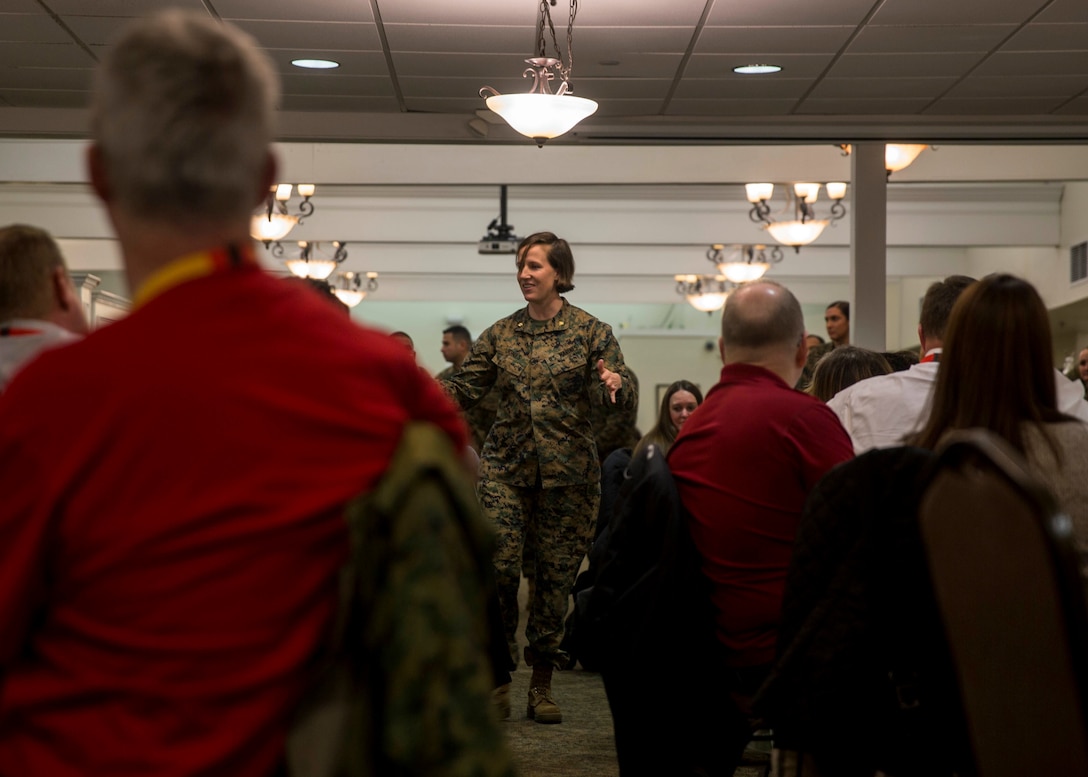 U.S. Marine Corps Maj. Margaret Jones, a logistics officer with 6th Marine Corps District, speaks to attendees of the Educators Workshop aboard Marine Corps Recruit Depot Parris Island, South Carolina, Jan. 29, 2019. These educators traveled from Recruiting Station Fort Lauderdale to experience the Educators Workshop. The workshop allows educators to have an inside look at educational benefits and career opportunities in the Marine Corps. (U.S. Marine Corps photo by Lance Cpl. Jack A. E. Rigsby)