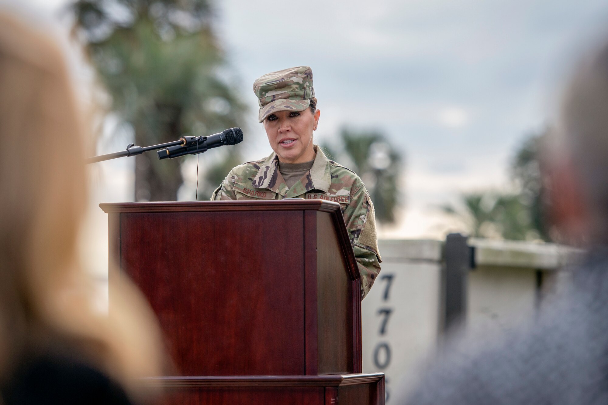 U.S. Air Force Chief Master Sgt. Sarah Sparks, the 6th Air Mobility Wing Command Chief, speaks at Master Sgt. John Chapman’s memorial service at MacDill Air Force Base, Fla., Jan. 30, 2019.