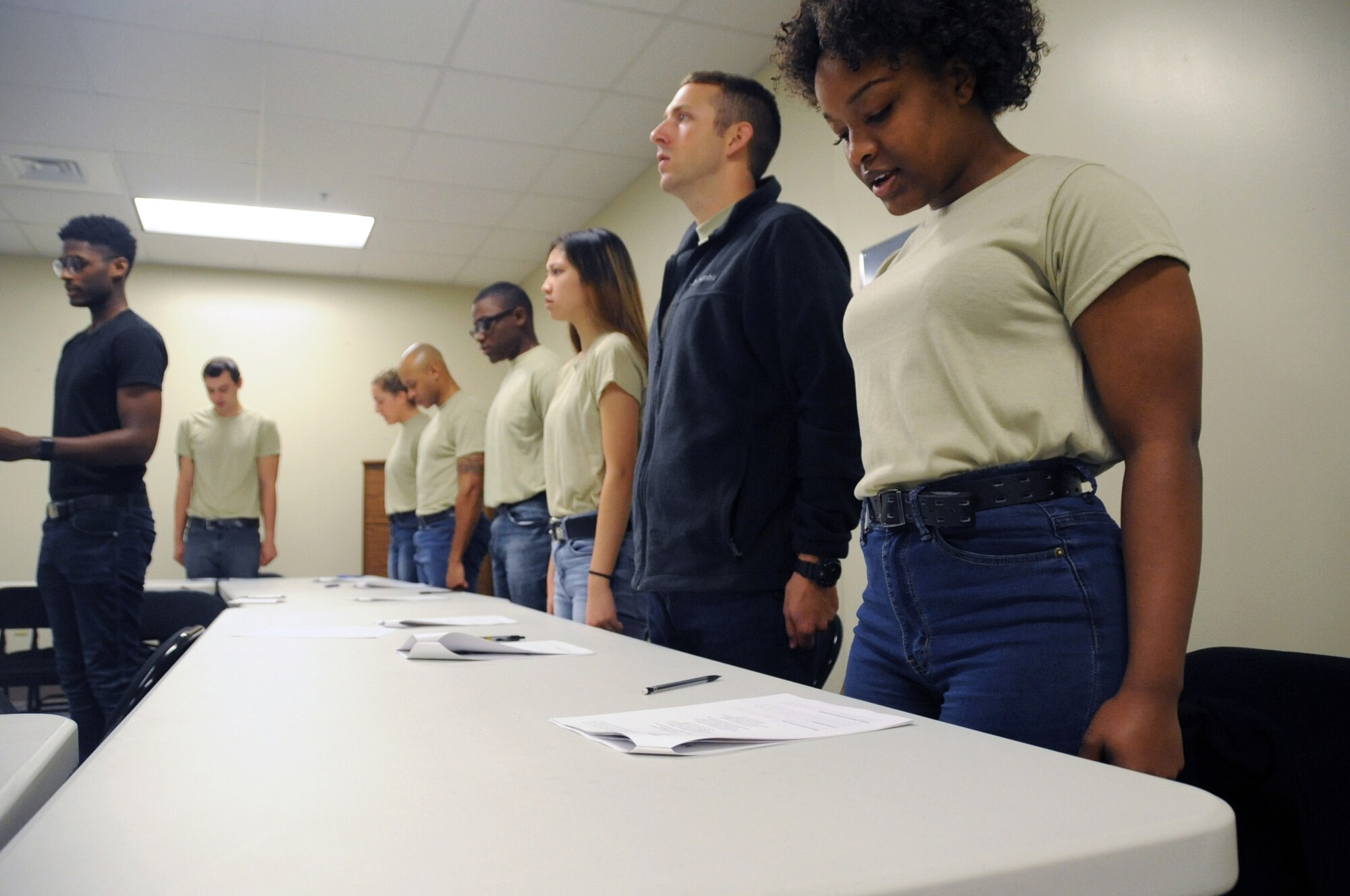 U.S. Air Force Reserve trainees in the Development and Training Flight recite the Airmen's Creed during the 403rd Wing Unit Training Assembly weekend Jan. 11, 2019. The Reserve D&TF helps prepare new recruits for the physical and mental challenges of Basic Military Training (U.S. Air Force photo by Tech. Sgt. Sarah Loicano)