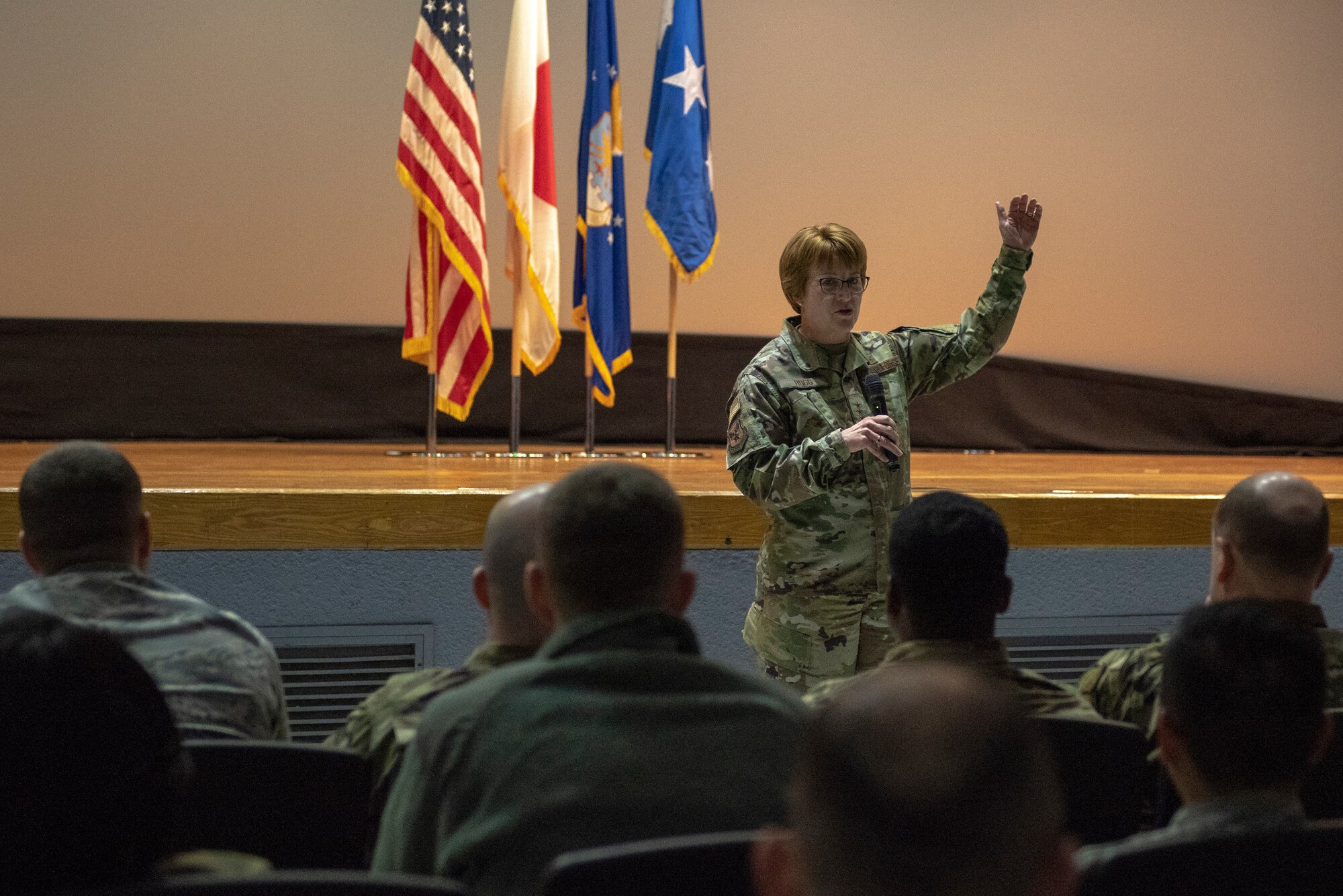 Lt. Gen. Dorothy Hogg, 23rd U.S. Air Force Surgeon General, discusses the importance of medical readiness and innovation with the 374th Medical Group during an all call at Yokota Air Base, Japan, Jan 29, 2019.