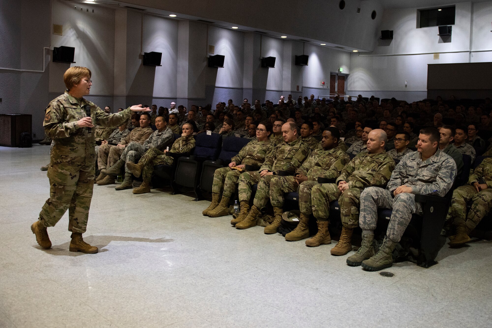 Lt. Gen. Dorothy Hogg, 23rd U.S. Air Force Surgeon General, discusses the importance of medical readiness and innovation with the 374th Medical Group during an all call at Yokota Air Base, Japan, Jan 29, 2019.