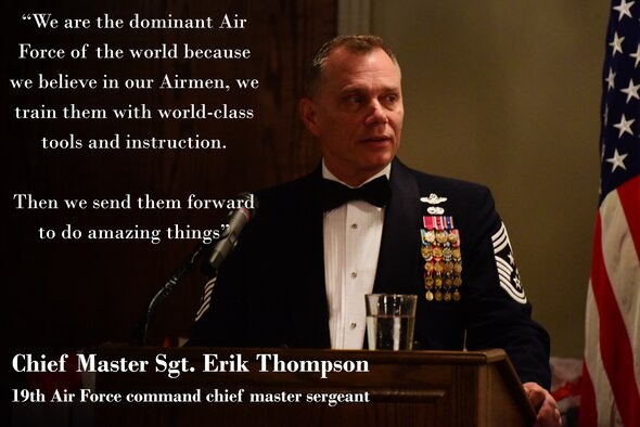 Chief Master Sgt. Eric Thompson, 19th Air Force command chief master sergeant, speaks at the 2018 Annual Awards Banquet held at Laughlin Air Force Base, Texas, on January 26, 2018. Thompson told the story of 2nd Lt. Jack Laughlin, the base's namesake, and challenged Team XL Airmen to carry on the tradition of honor and legacy and valor as he also praised the nominees and winners for their dedication throughout the previous year. (U.S. Air Force graphic by Airman 1st Class Anne McCready)
