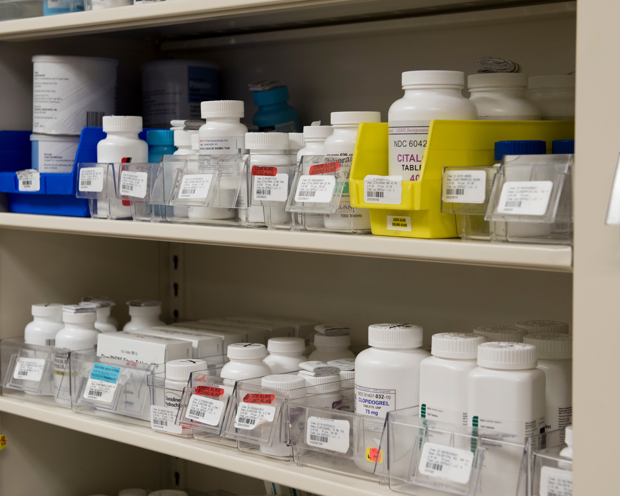 Medication is organized on shelves at the pharmacy, Jan. 25, 2019, at Mountain Home Air Force Base, Idaho. Airmen can dispose of their unused medication safely and securely using the Med Safe box located at the Medical Treatment Facility. (U.S. Air Force photo by Airman 1st Class Hailey Bivens)