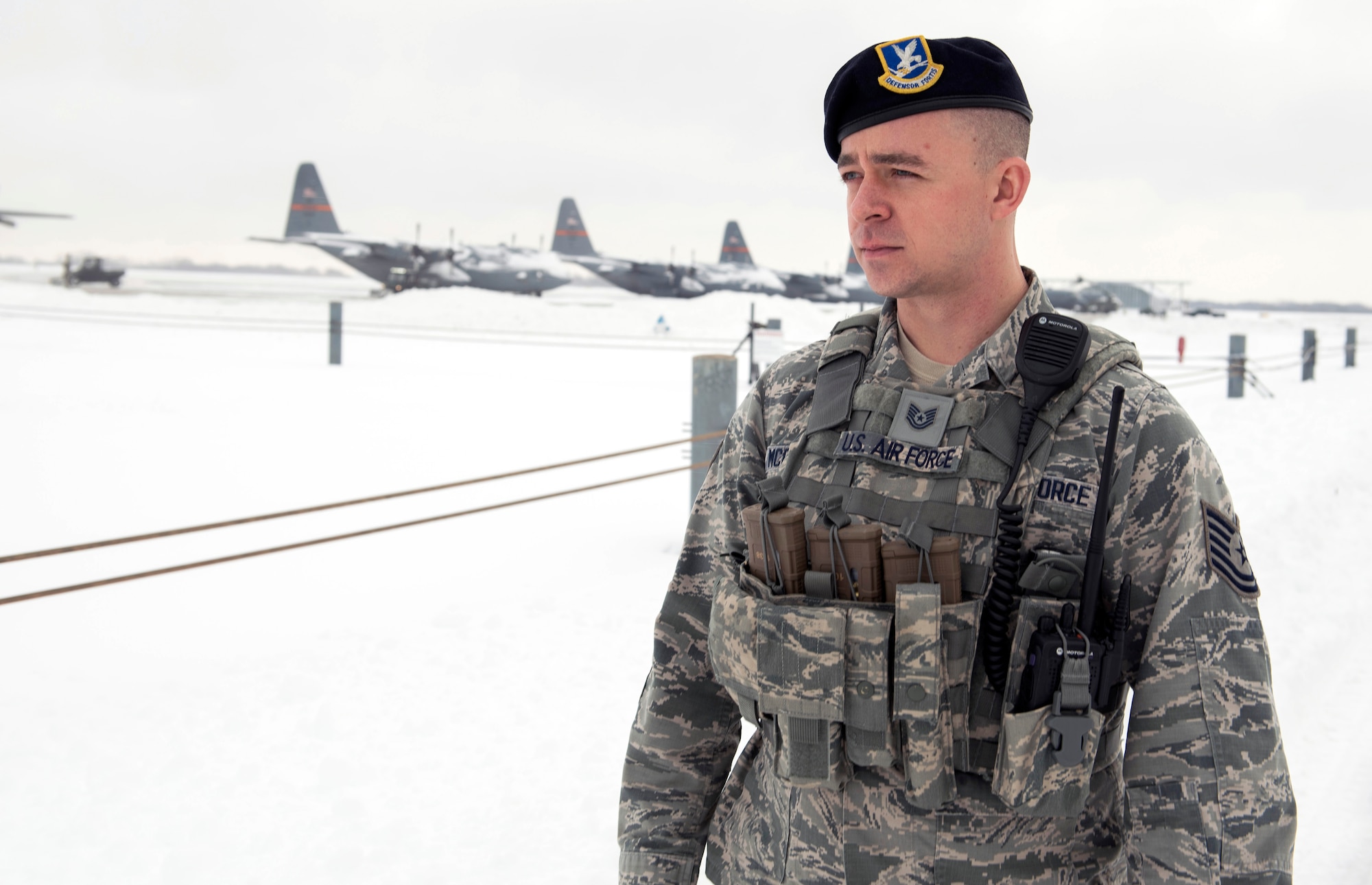 A security forces specialist is pictured on patrol.