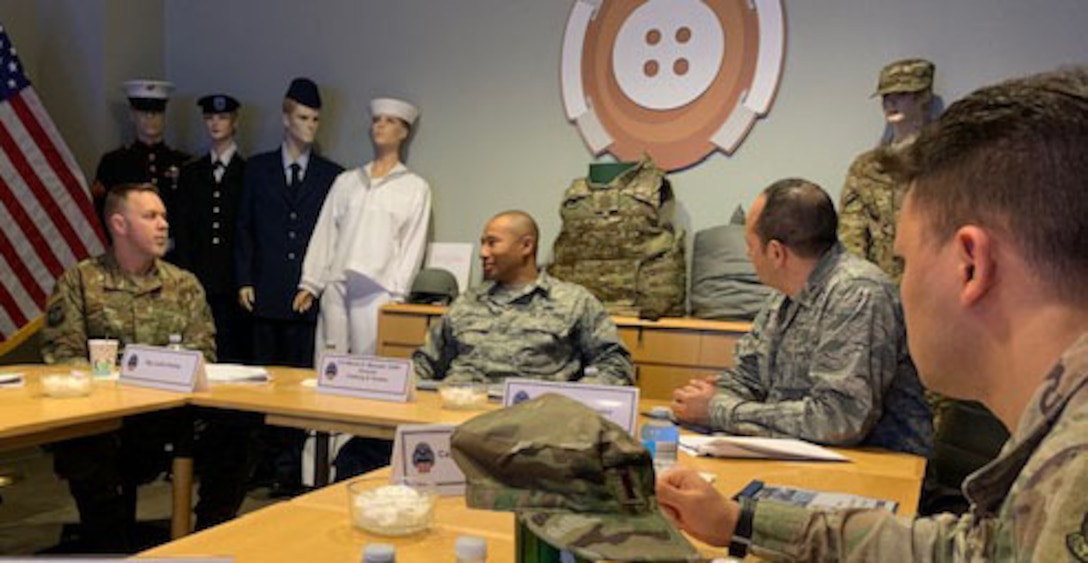 DLA Troop Support Clothing and Textiles director Air Force Col. Melvin Maxwell describes the end-to-end logistics process for C&T materiel to a group of officers from the Logistics Officer Association Pudgy Chapter from Joint Base McGuire-Dix-Lakehurst Jan. 24, 2019 in Philadelphia.