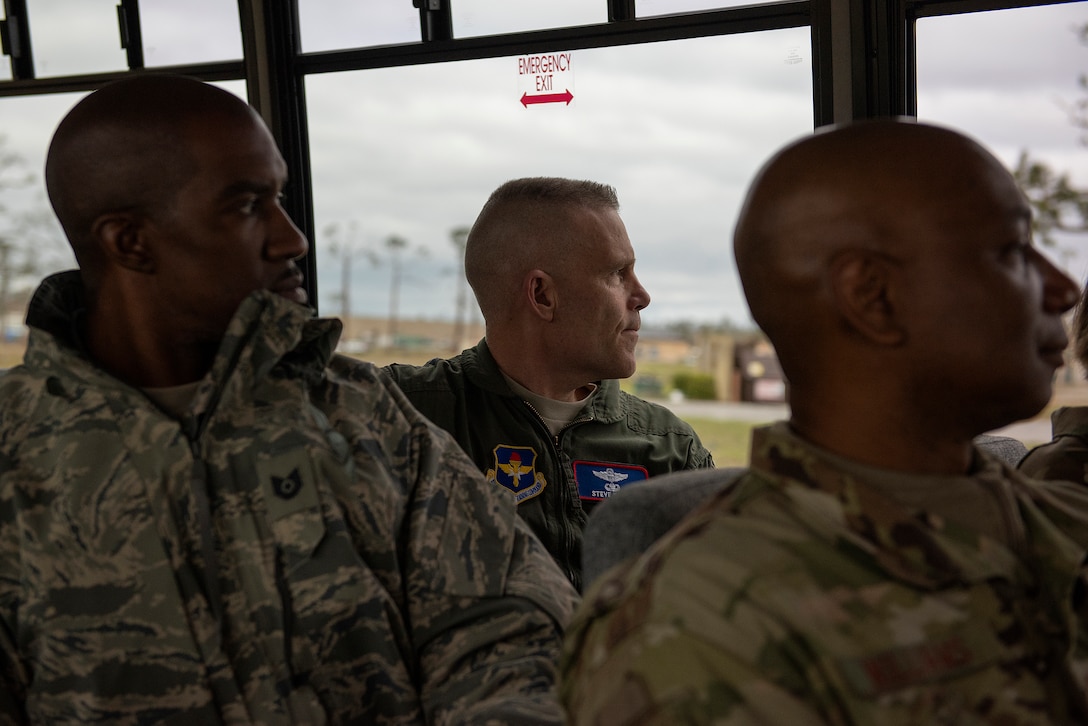 U.S. Air Force Lt. Gen. Steven Kwast, Air Education and Training Command commander, looks out the window at damage caused by Hurricane Michael Jan. 24, 2019, at Tyndall Air Force Base, Fla. Kwast and Chief Master Sgt. Juliet Gudgel, AETC command chief, met with leaders from the 337th Air Control Squadron to better understand the current state of the unit. (U.S. Air Force photo by Staff Sgt. Peter Thompson)