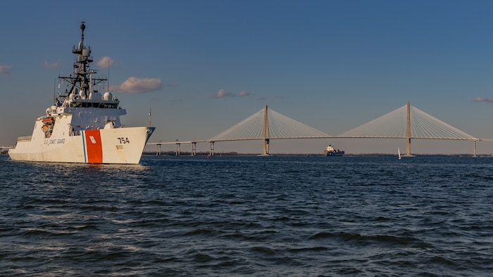 U.S. Coast Guard Cutter James navigates through the Charleston Harbor Jan. 28, 2019, in Charleston, S.C. During the USCGC James’ last patrol, the crew managed to seize over nine tons of cocaine destined for the U.S. The vessel is named after an American sea captain, Joshua James, who is credited with saving countless lives out at sea throughout his lifetime in the 19th century.