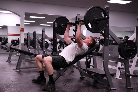 Airman 1st Class Ryan Bond, 4th Component Maintenance Squadron aerospace propulsion journeyman, works out on newly installed fitness equipment on Jan. 31, 2019, at Seymour Johnson Air Force Base, North Carolina.