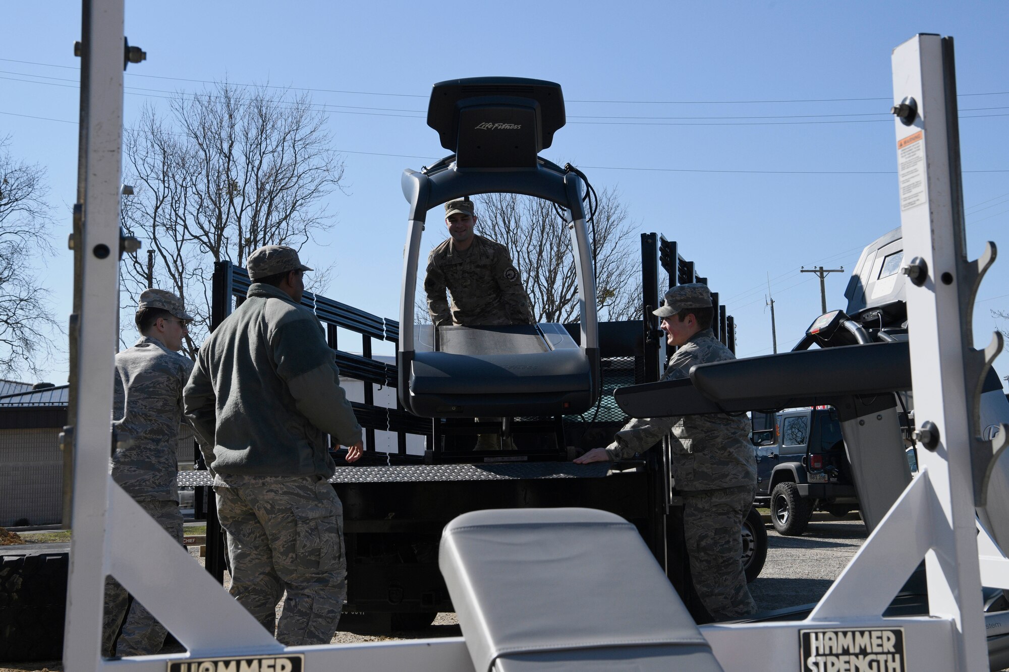 Members of 4th Operations Support Squadron unload a treadmill for the 4th OSS Unit Physical Training Facility on Jan. 31, 2019, at Seymour Johnson Air Force Base, North Carolina.