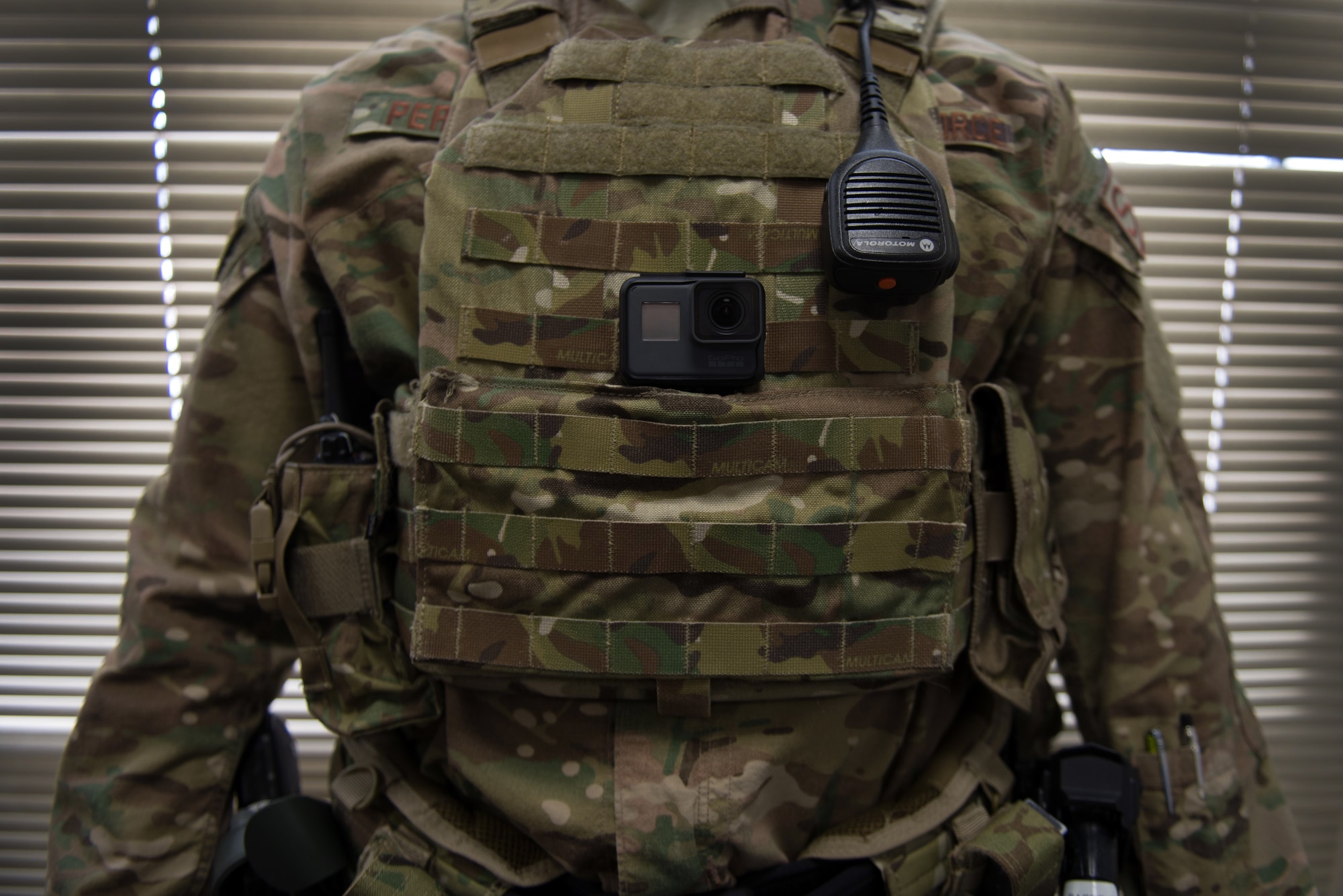 A 55th Security Forces Squadron member displays a action camera on his vest Jan. 31, 2019, on Offutt Air Force Base, Nebraska. The defenders recently purchased several cameras in order to improve training and readiness. (U.S. Air Force photo by Tech. Sgt. Rachelle Blake)