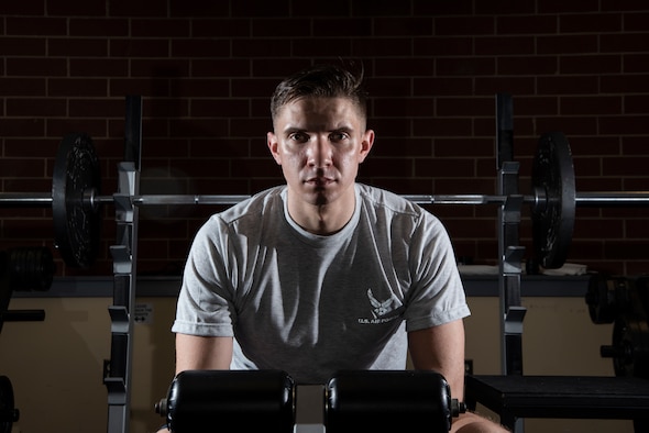 2nd Lt. Josh Thompson, 49th Wing Public Affairs officer, poses for a portrait, Jan. 25, 2019, at the fitness center on Fort George G. Meade, Md. After actively pursuing an Air Force commission for eight years, Thompson continues to challenge his physical limitations as a daily practice of resiliency. (United States Air Force photo by Tech. Sgt. Maeson L. Elleman)