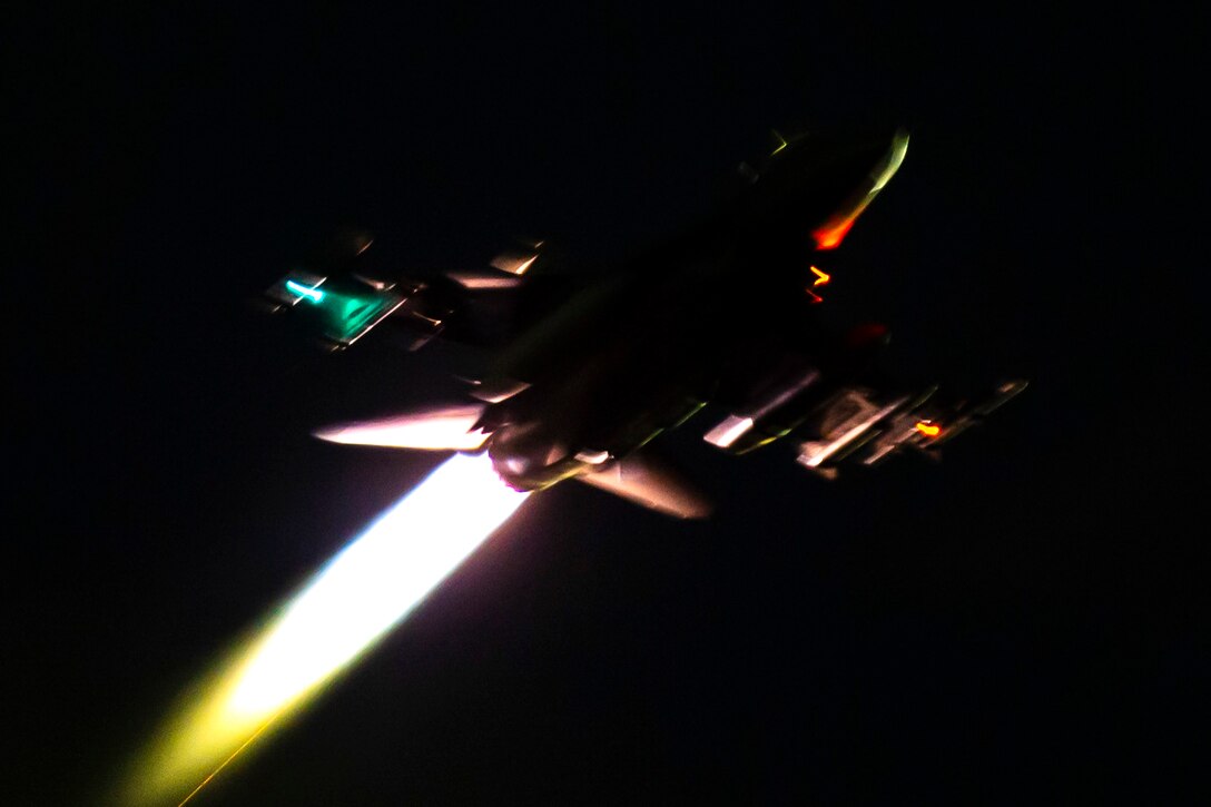 A jet takes off at night.