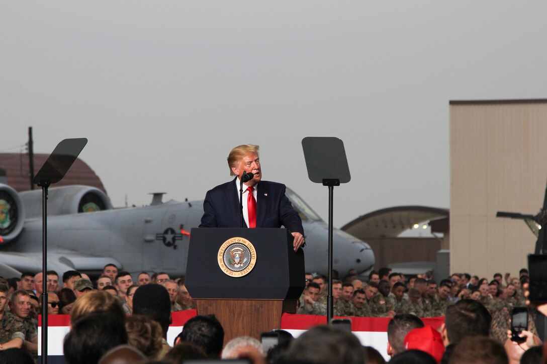 Commander-in-Chief, President Donald J. Trump speaks to Soldiers, Sailors, Airmen and Marines during a visit to Osan Air Base, Republic of Korea June 30. U.S. Forces across the peninsula are charged with the mission of deterring aggression, defending the Republic of Korea and maintaining stability in the region.(U.S. Marine Corps photo by 1st Lt. Edward Pingel/released)
