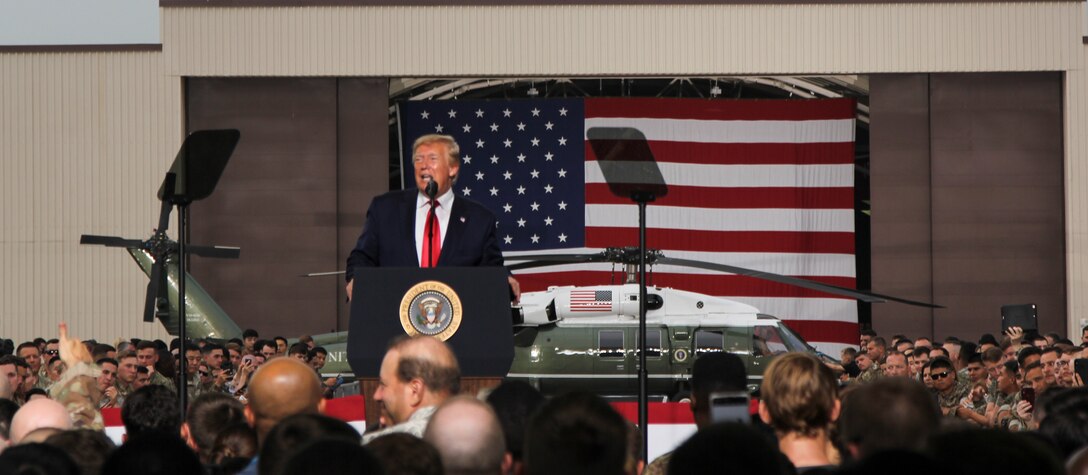 President Donald J. Trump speaks to Soldiers, Sailors, Airmen and Marines during a visit to Osan Air Base, Republic of Korea June 30. U.S. Forces across the peninsula are charged with the mission of deterring aggression, defending the Republic of Korea and maintaining stability in the region. (Official U.S. Marine Corps photo by 1st Lt. Edward J. Pingel/released)