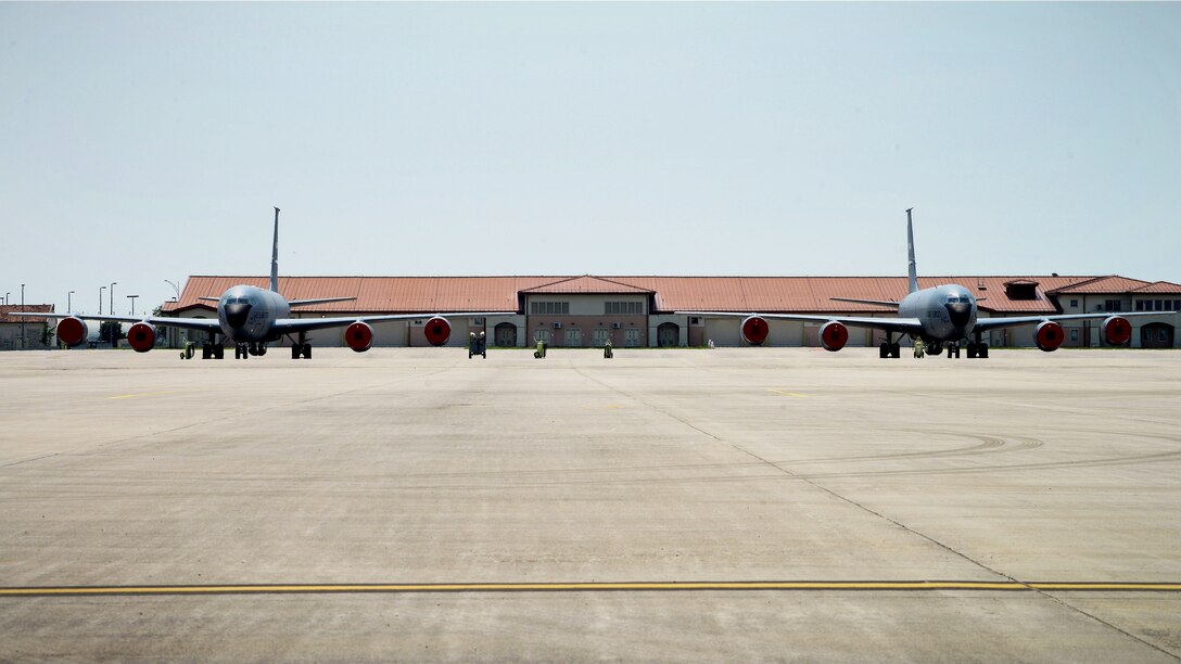 U.S. Air Force Reserve KC-135 Stratotankers assigned to the 507th Air Refueling Wing out of Tinker Air Force Base, Okla., sit on the flightline at Aviano Air Base, Italy, June 25, 2019.