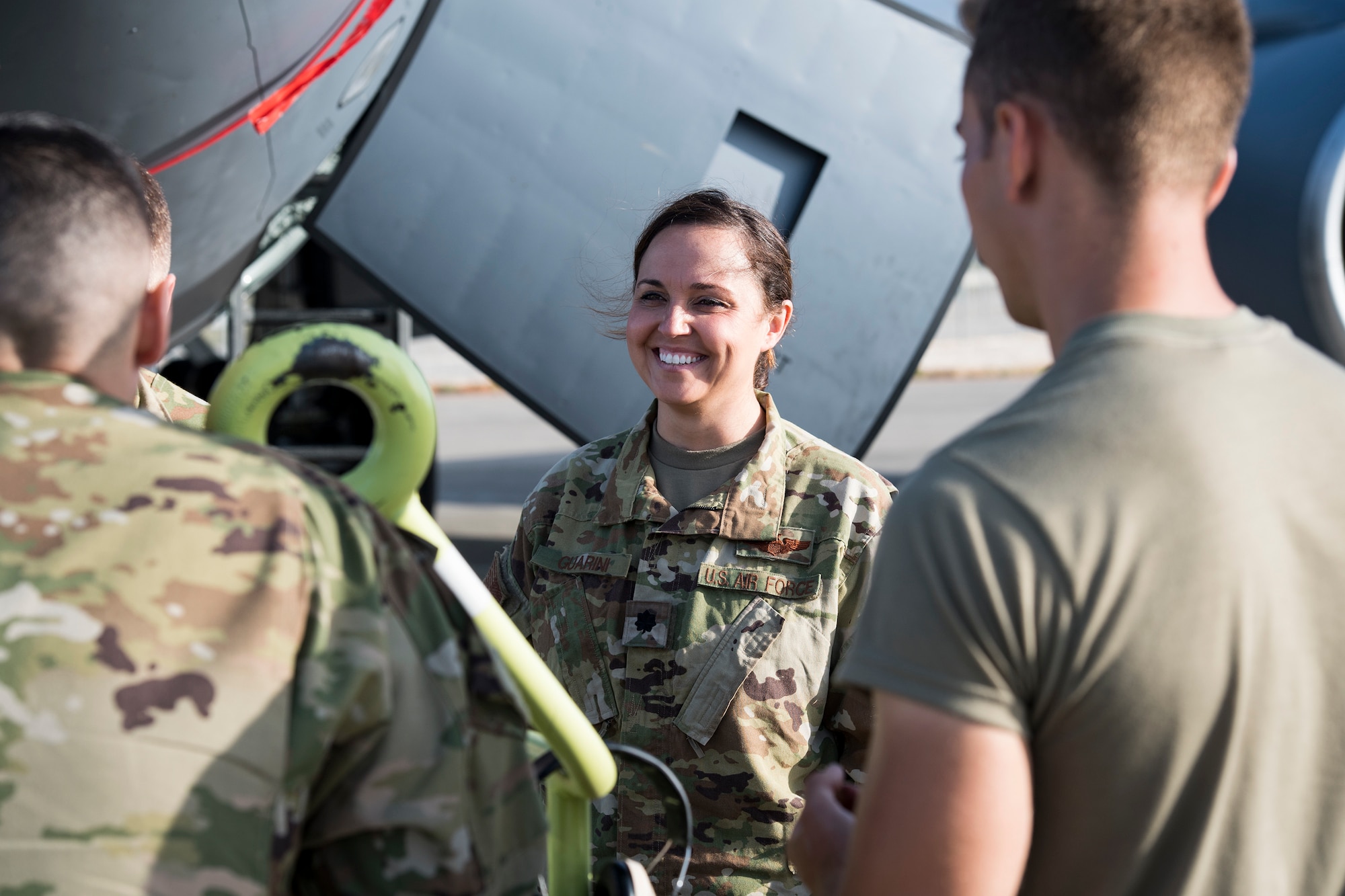 Photo of the 22 EARS commander speaking to Airmen in her squadron.