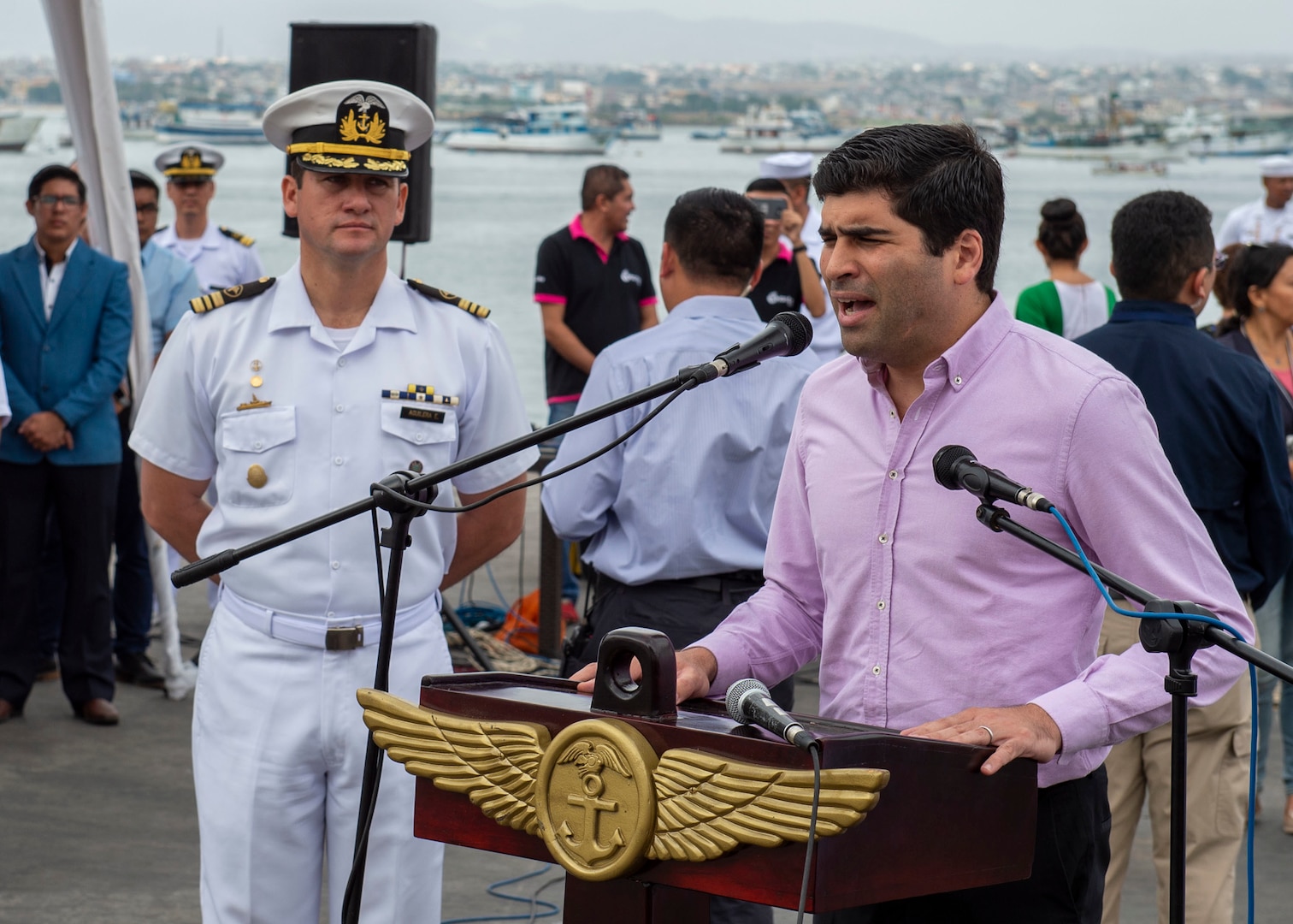 Vice President of Ecuador, Otto Sonnenholzner, speaks during the Comfort Deployment 2019 opening ceremony.